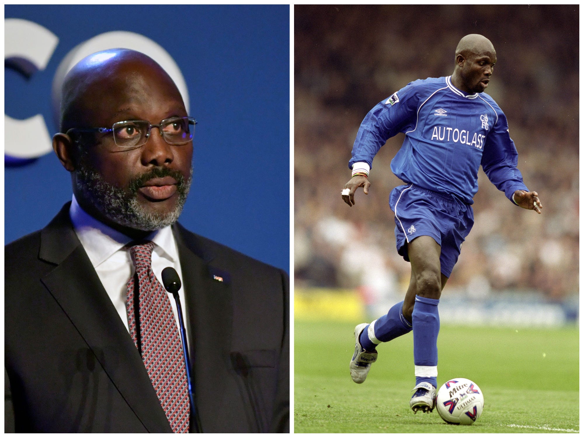 De Liberiaanse president George Weah in 2021, en Weah spelend voor voetbalclub Chelsea in 2000.