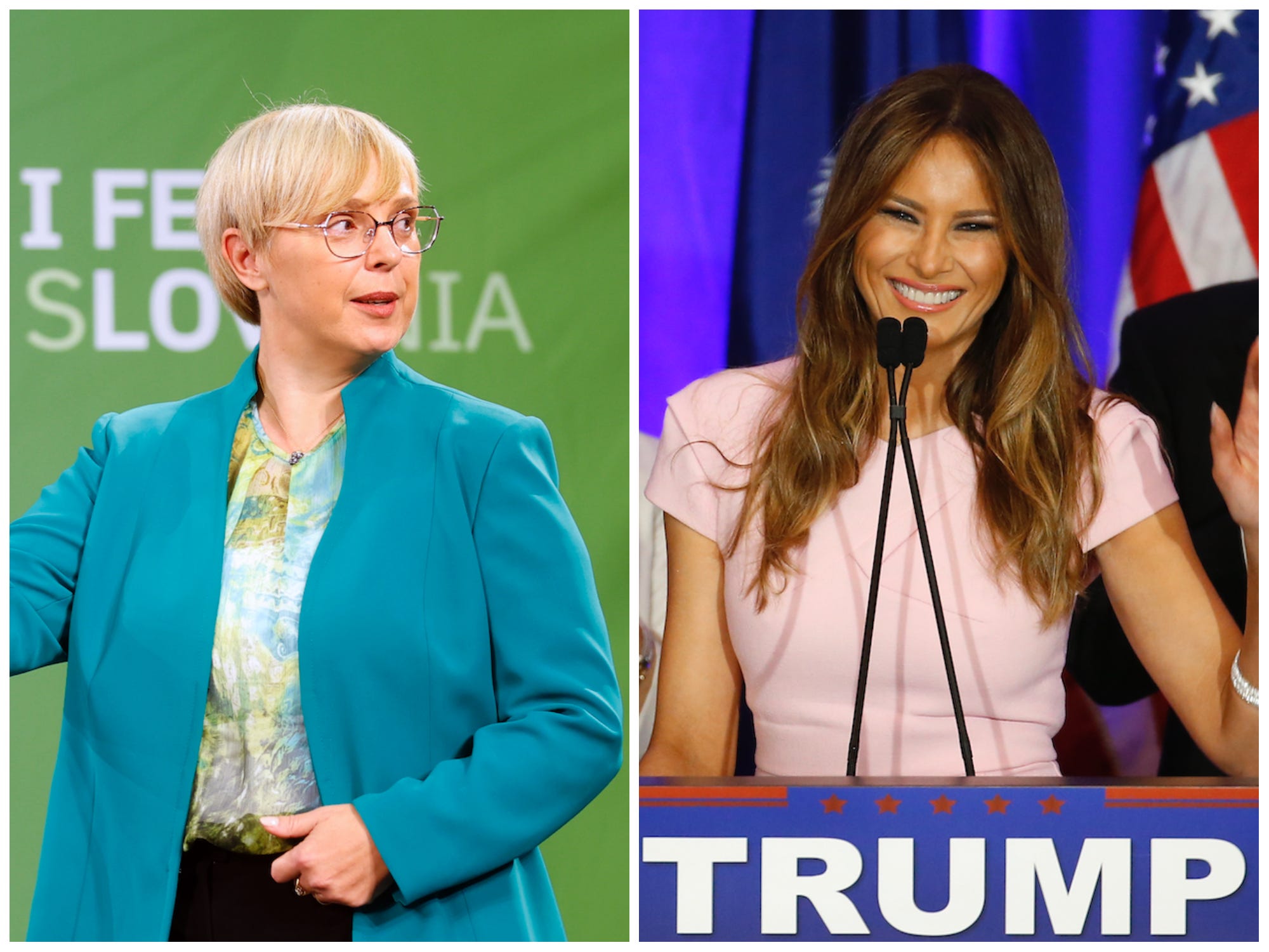 Links: Nataša Pirc Musar kijkt opzij tijdens de Sloveense presidentscampagne in 2022. Rechts: Melania Trump glimlachend op een podium tijdens de Amerikaanse presidentscampagne van Donald Trump in 2016.