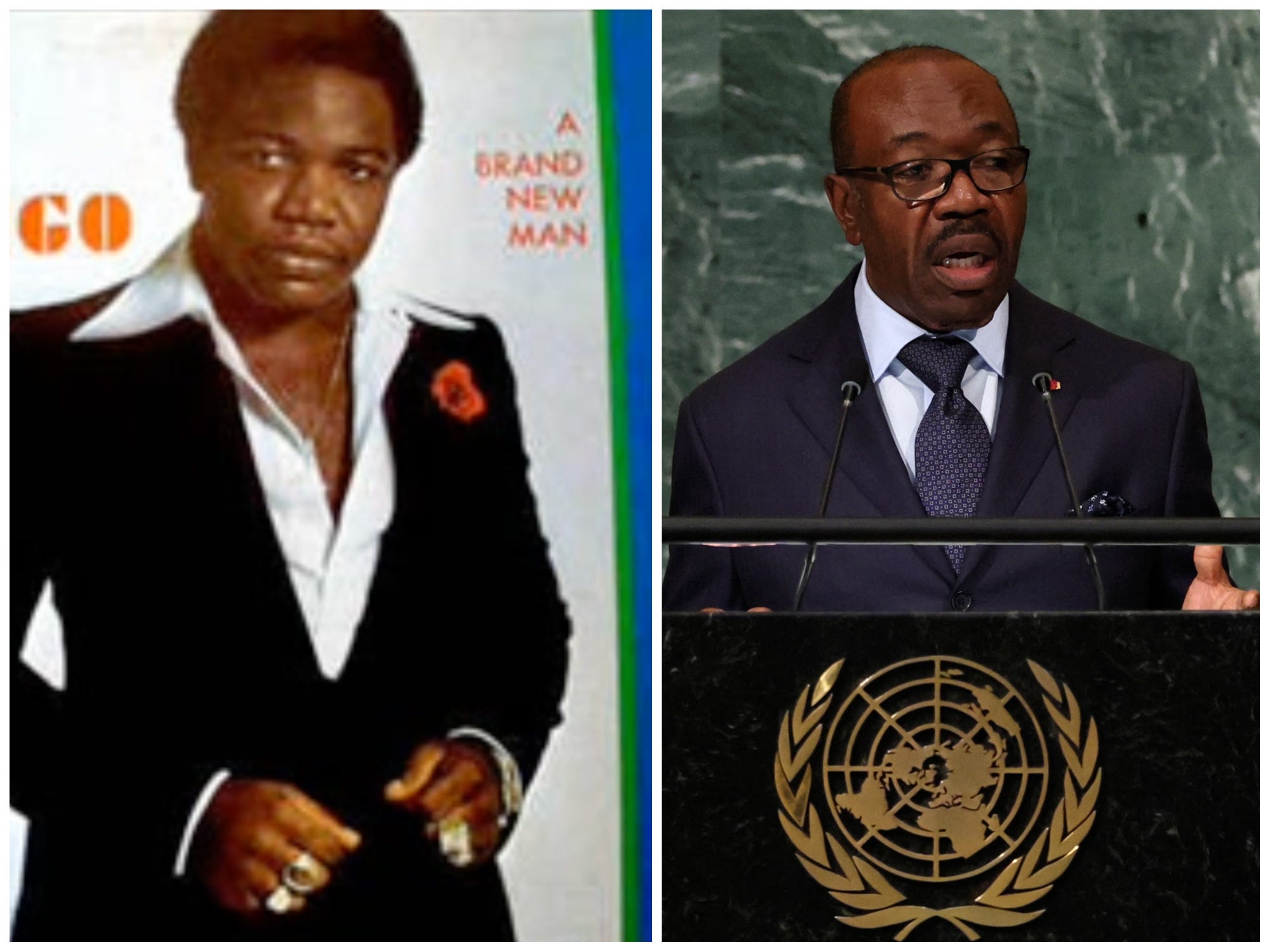 Links: een screenshot van de hoes van Alain Bongo's funkalbum "A Brand New Man" uit 1977. Rechts: President Ali Bongo Ondimba die de VN toespreekt in 2022.