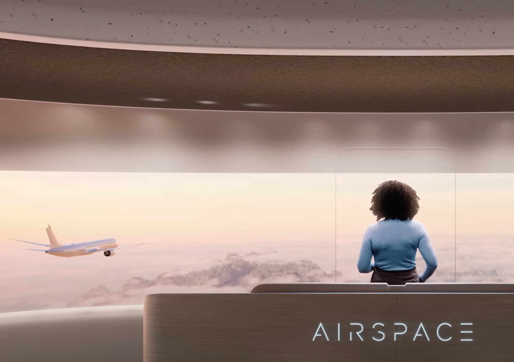 Passagier bekijkt het uitzicht in de Airspace Cabin Vision 2035+ rendering van Airbus.