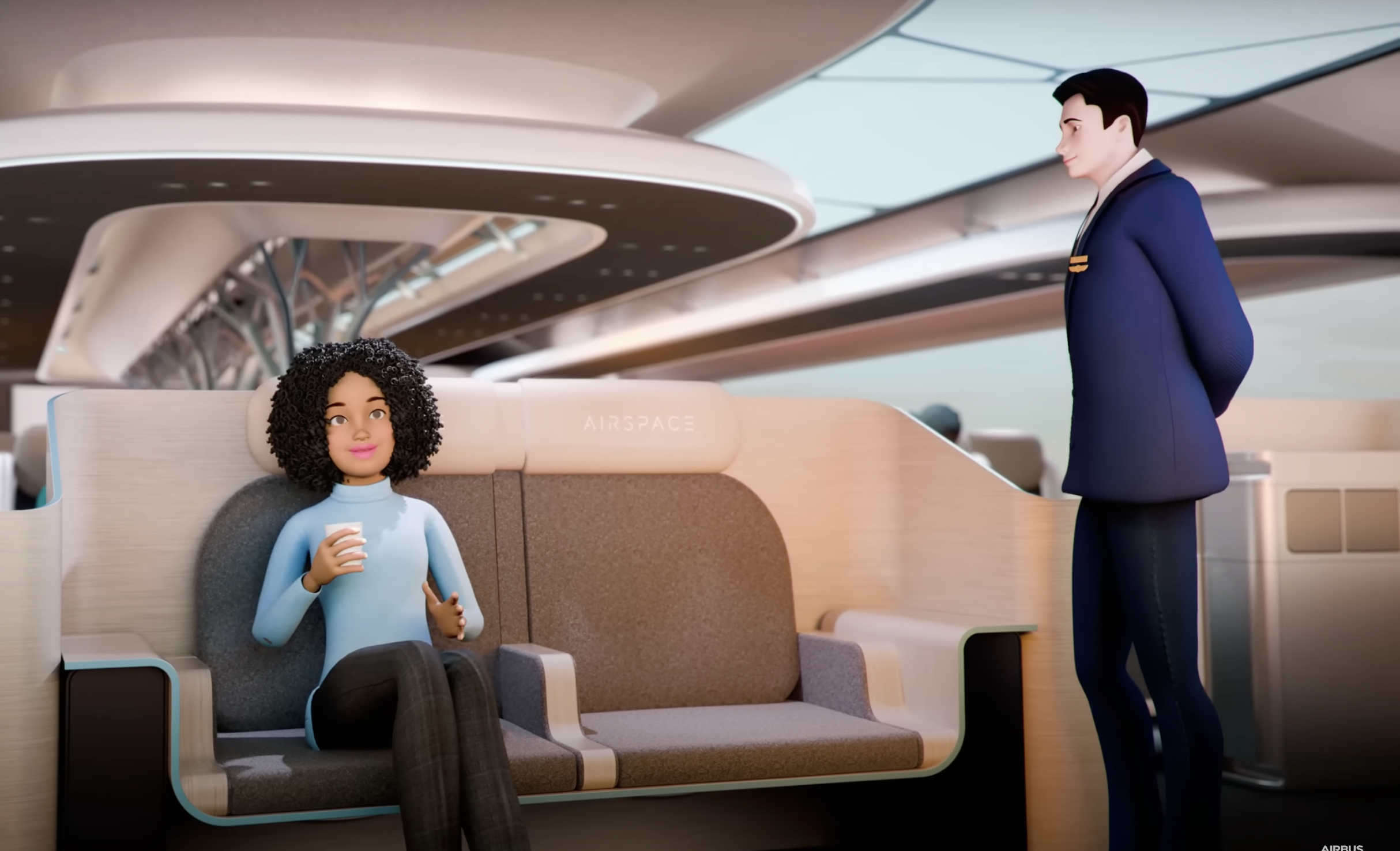 Airbus' Airspace Cabin Vision 2035+ rendering van een stewardess en een passagier.