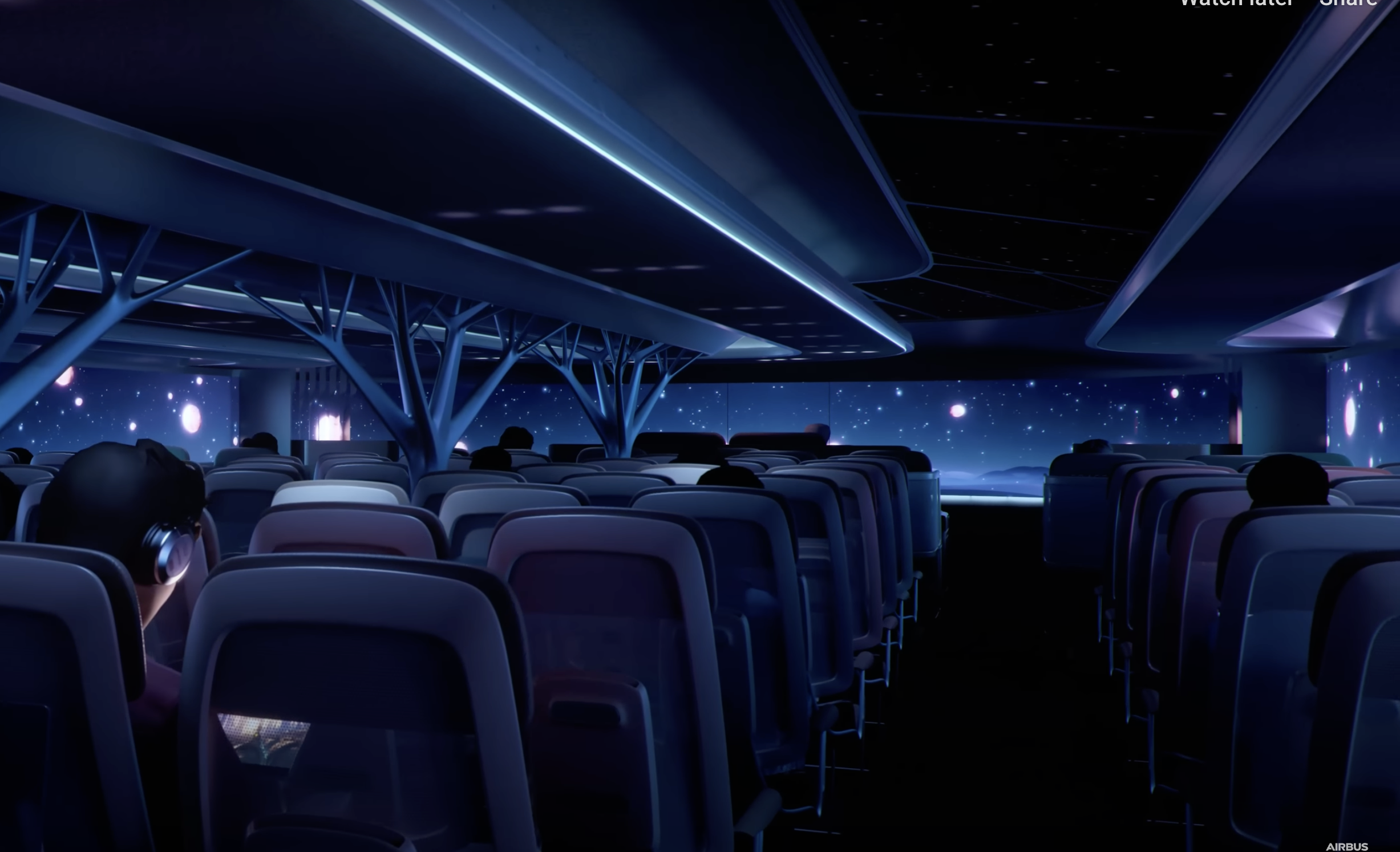 Airbus' Airspace Cabin Vision 2035+ rendering van een vliegtuigcabine in het donker.