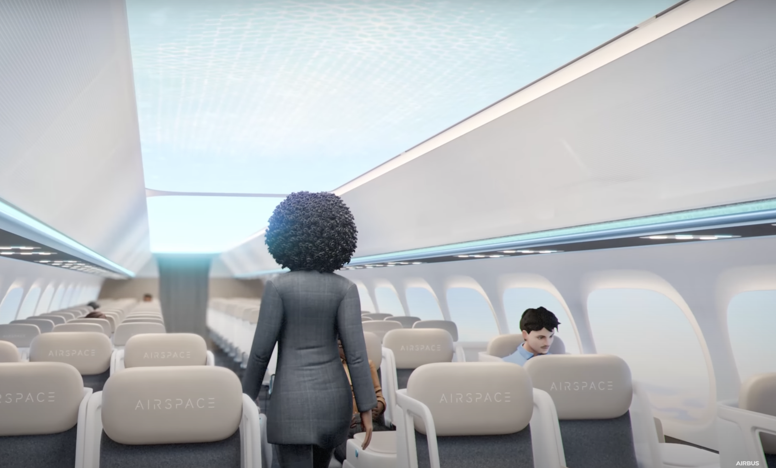De Airspace Cabin Vision 2035+ rendering van Airbus toont een passagier die tussen de gangpaden doorloopt.