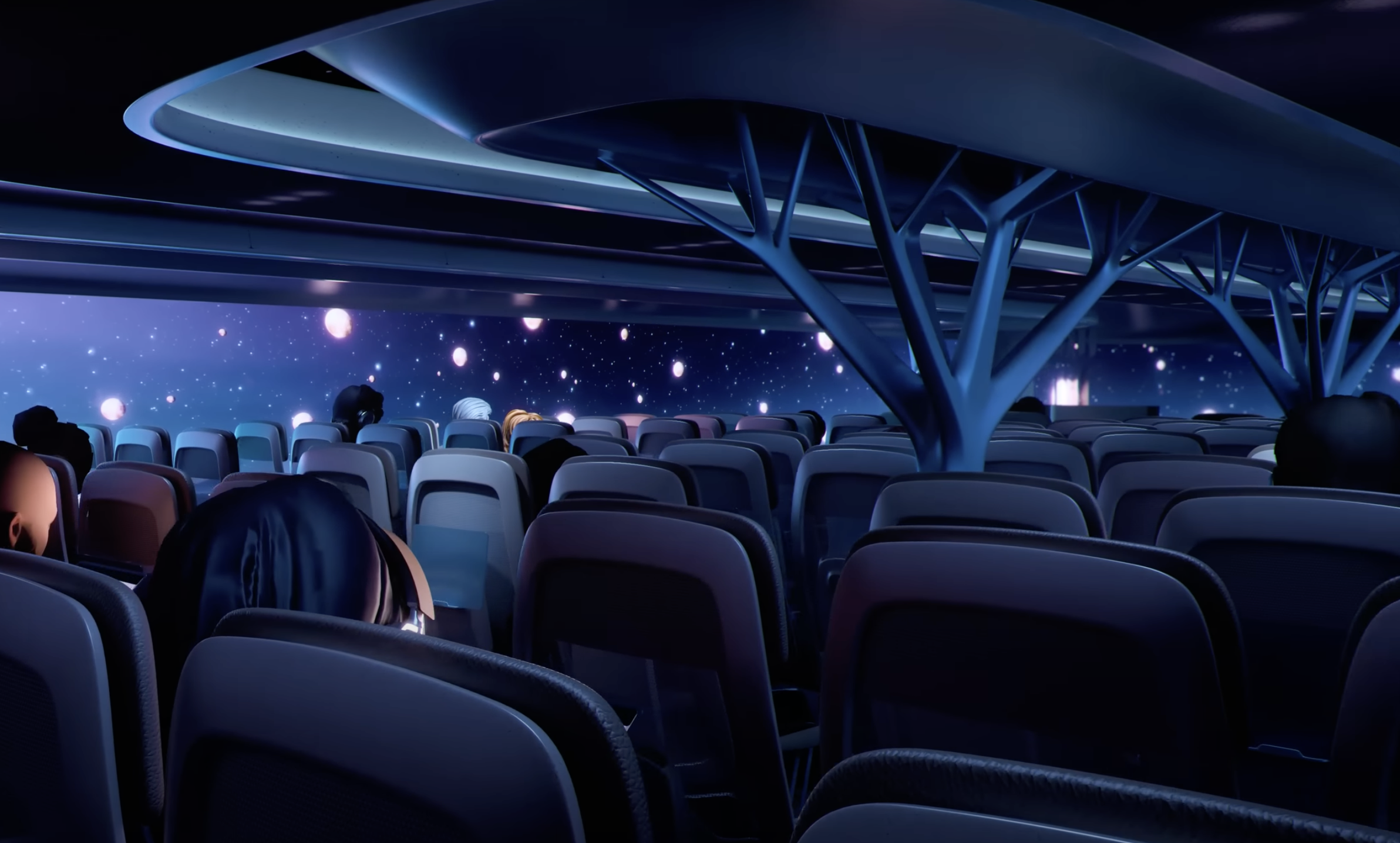 Airbus' Airspace Cabin Vision 2035+ rendering toont cabine bij nacht.