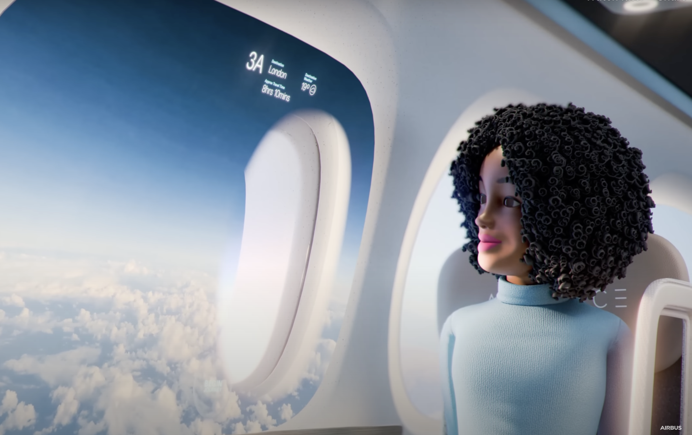 De Airspace Cabin Vision 2035+ rendering van Airbus toont een passagier die naast een virtueel raam zit.