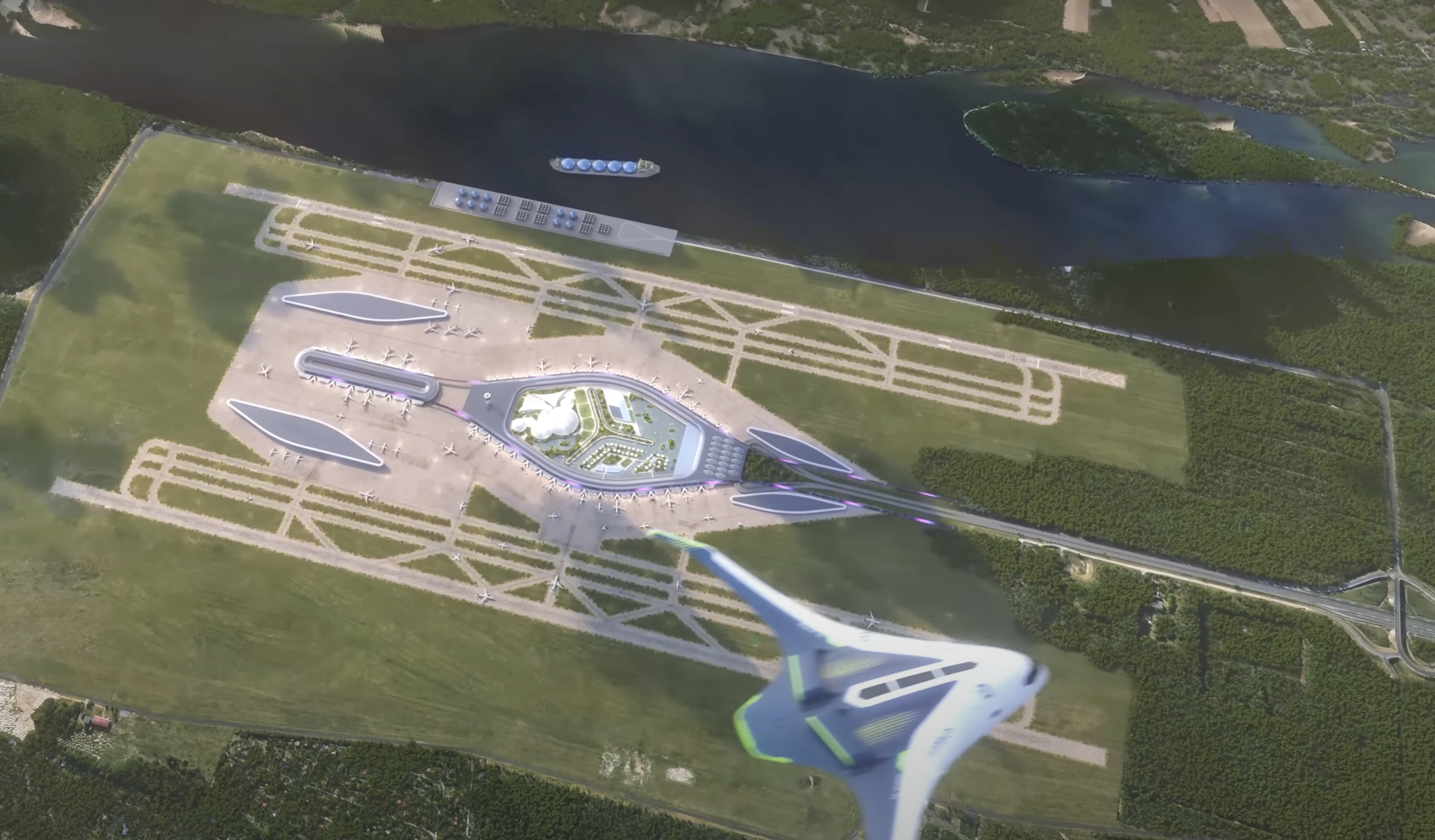 Een luchtfoto van een vliegveld waarboven een vliegtuig op waterstof vliegt.