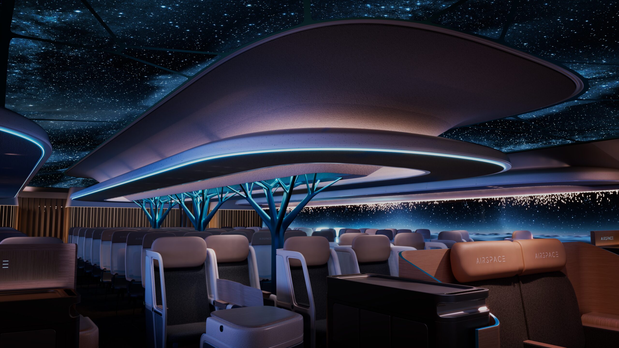 Airbus' Airspace Cabin Vision 2035+ rendering toont een vliegtuigcabine in het donker.