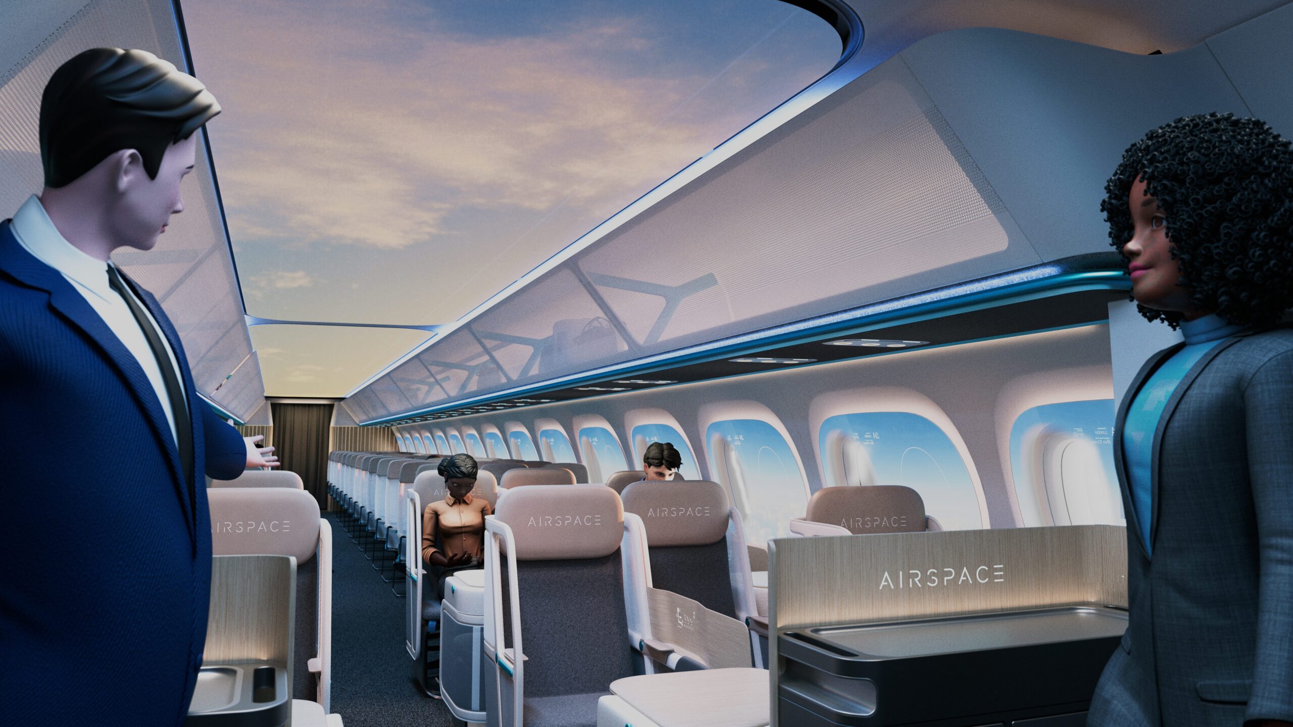Een stewardess begroet een passagier bij het instappen in het vliegtuig in de Airspace Cabin Vision 2035+ renderings van Airbus.