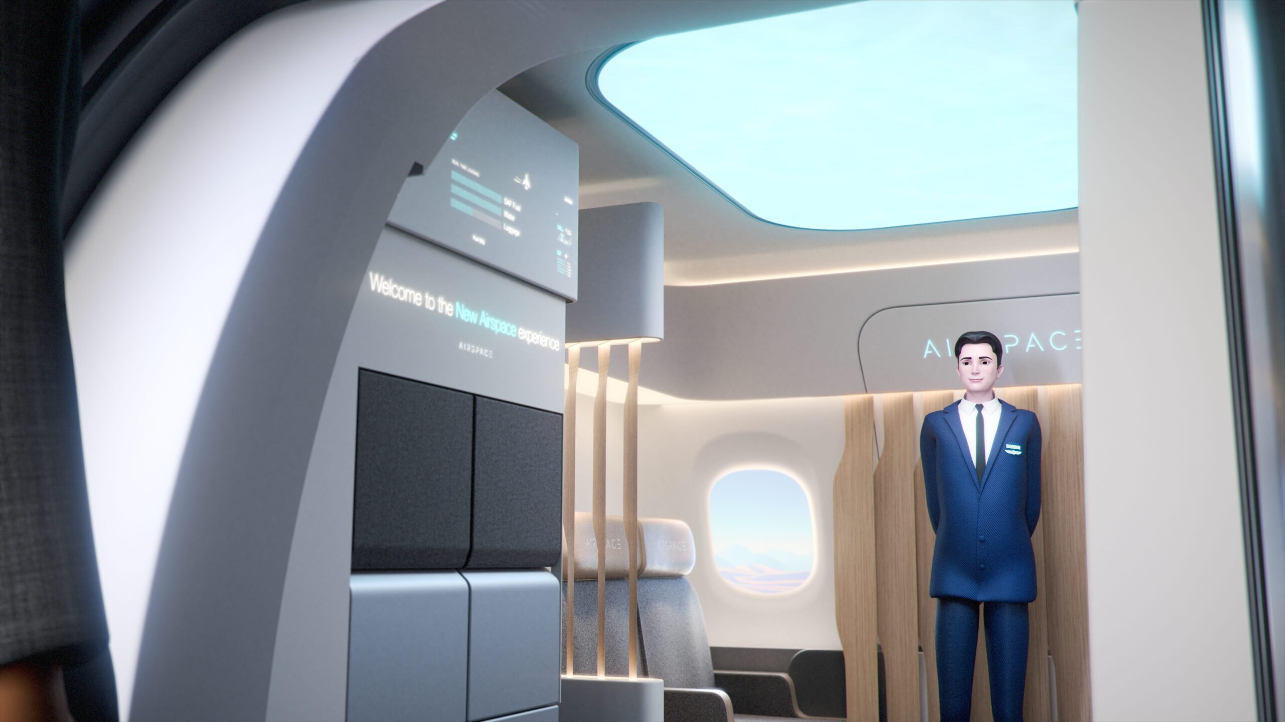 De Airspace Cabin Vision 2035+ rendering van Airbus toont een stewardess die klaarstaat om passagiers te ontvangen.
