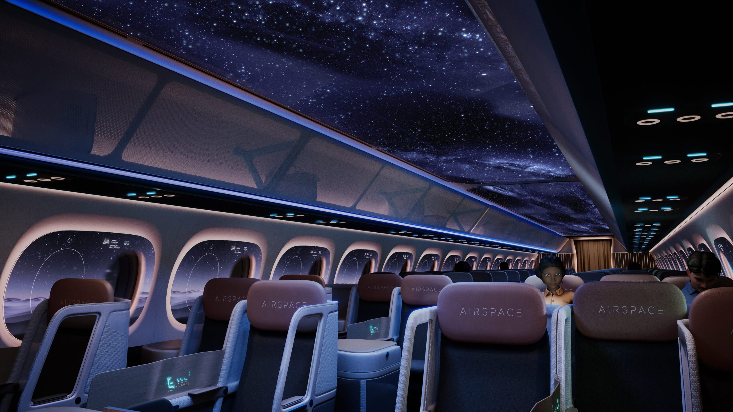 De Airspace Cabin Vision 2035+ rendering van Airbus toont de vliegtuigcabine bij nacht.