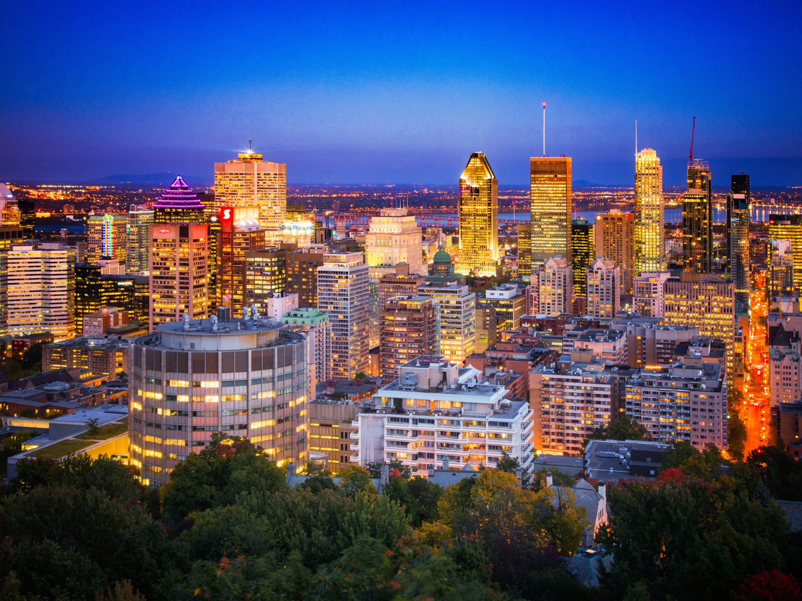 Night time skyline of downtown Montreal, Quebec.