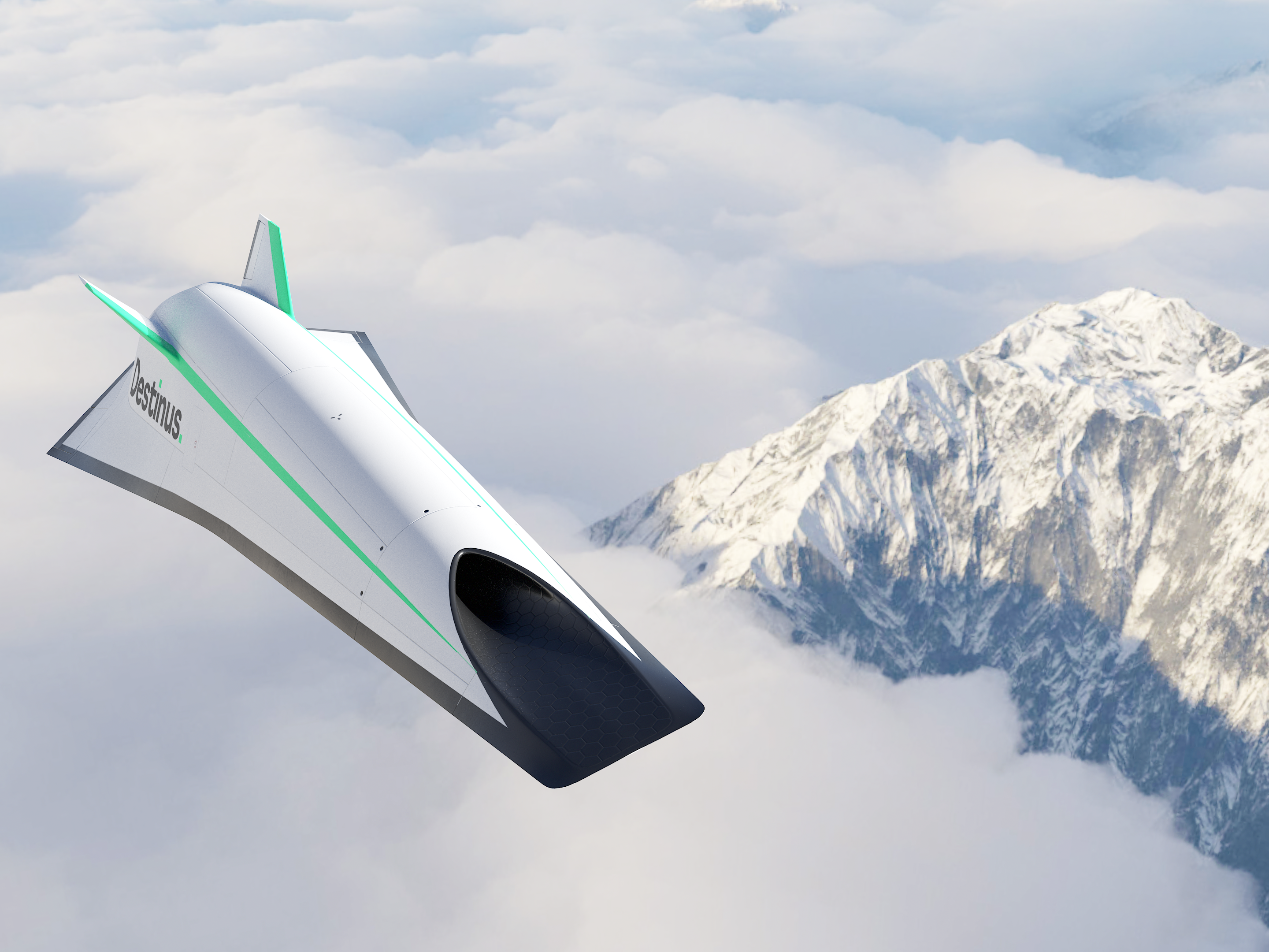 A white Destinus S flying over mountains and clouds.