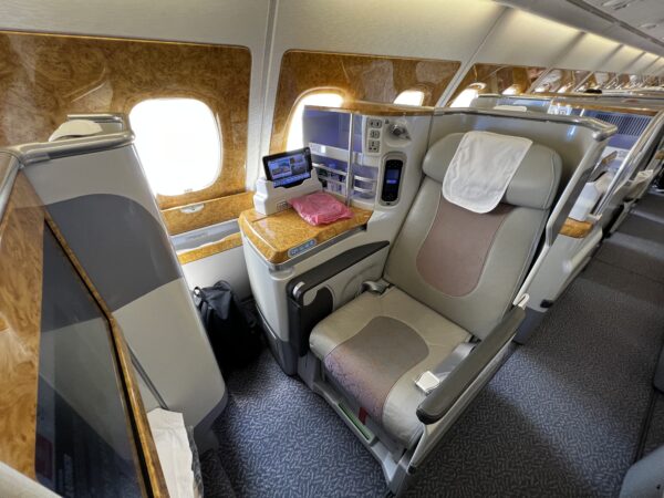 Business class in een Airbus A380 van Emirates