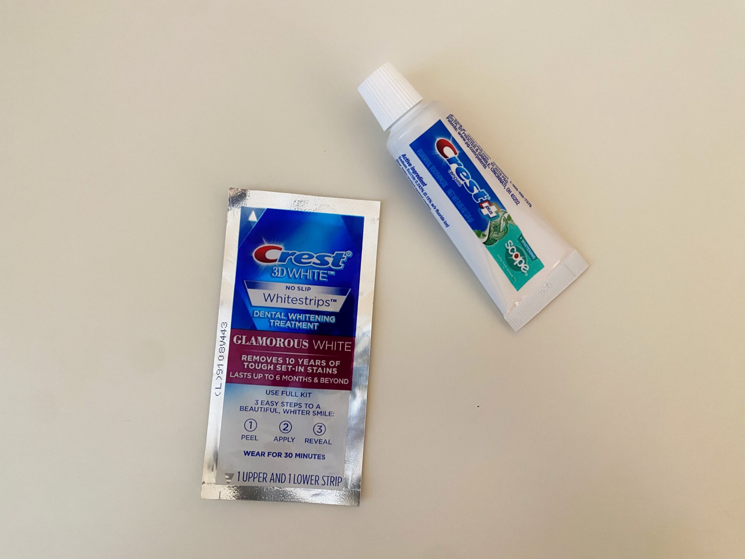 Crest 3D Whitestrips and travel size Crest toothpaste