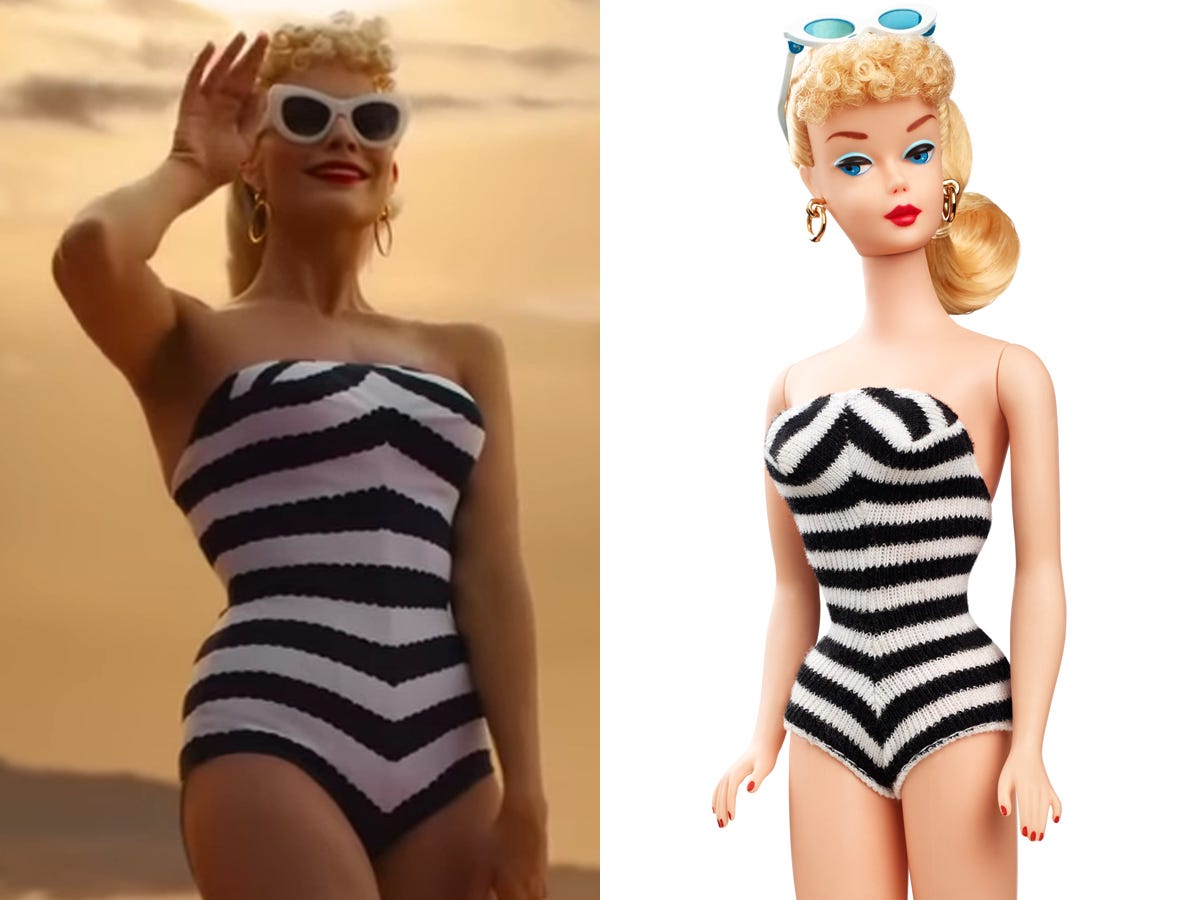 Left: Margot Robbie as Barbie in &#34;Barbie.&#34; Right: The first-ever Barbie doll, launched in 1959.