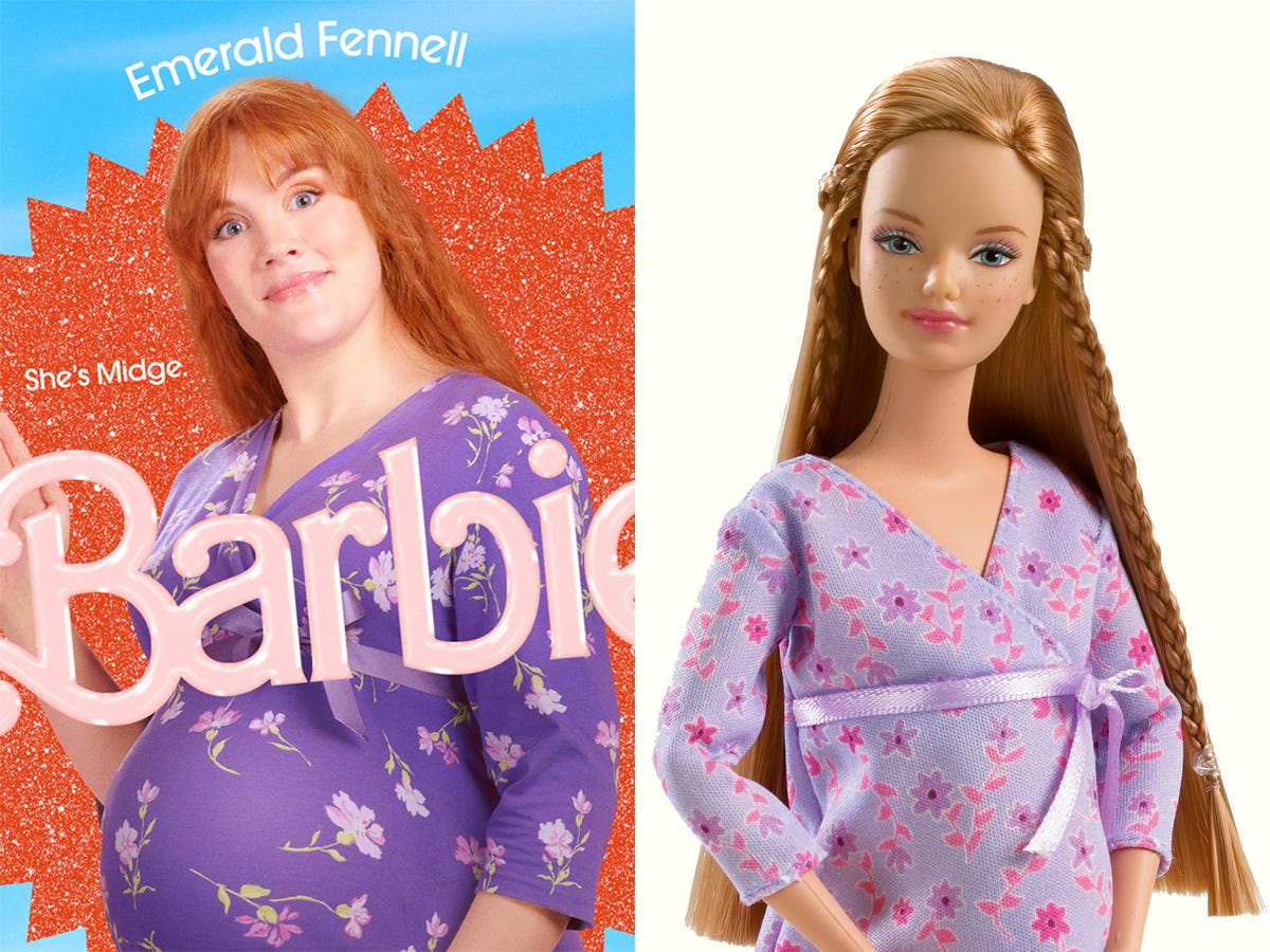 Left: Emerald Fennell as Midge in &#34;Barbie.&#34; On the right: Mattel&#39;s 2002 Midge doll.
