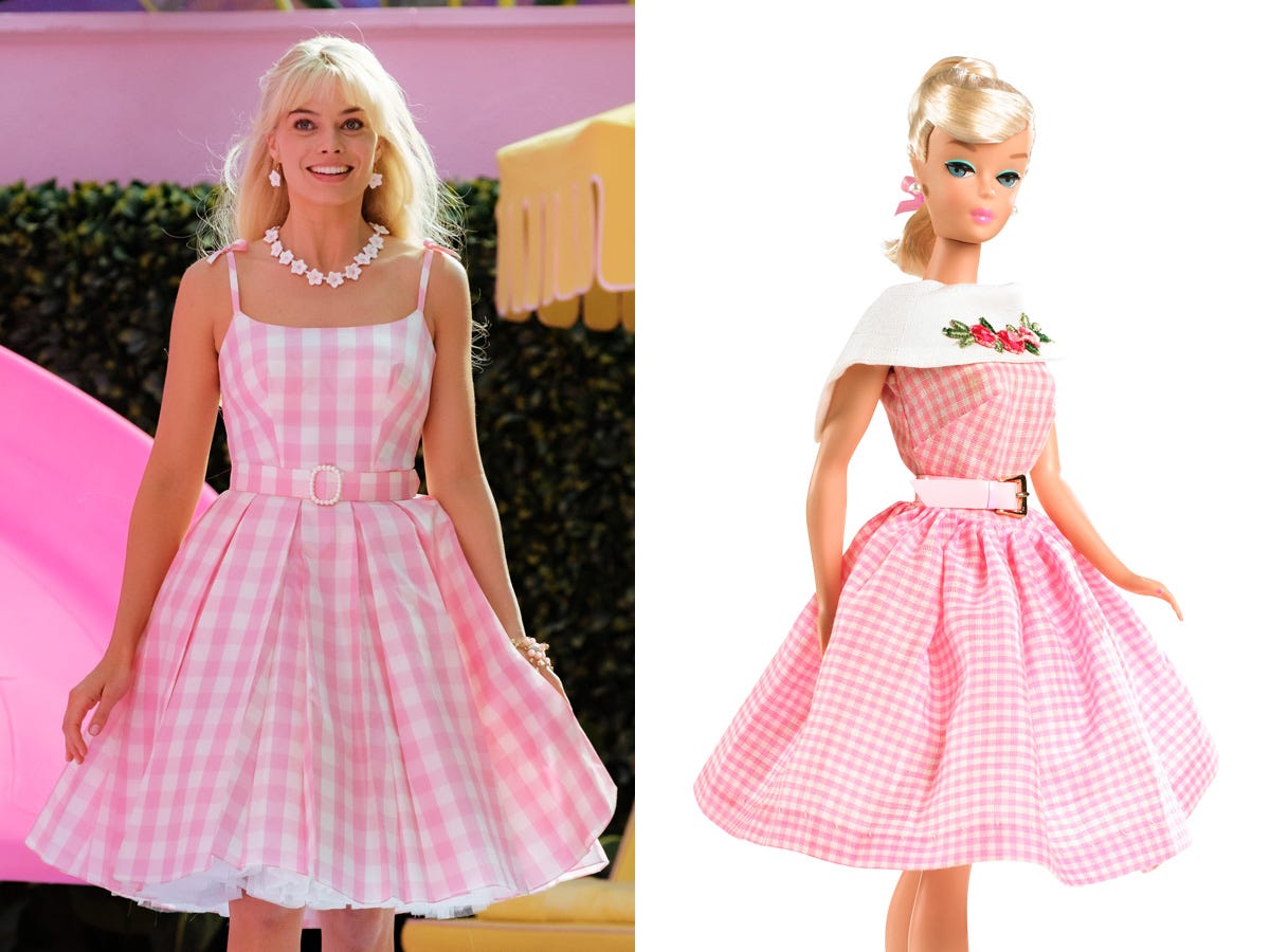 Left: Margot Robbie as Barbie in &#34;Barbie.&#34; Right: Mattel&#39;s 1964 Dancing Doll Barbie.