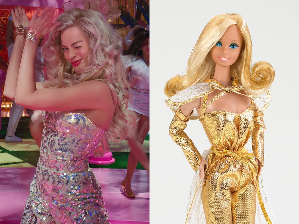 Left: Margot Robbie wearing a gold jumpsuit in &#34;Barbie.&#34; Right: Mattel&#39;s Golden Dreams Barbie doll.