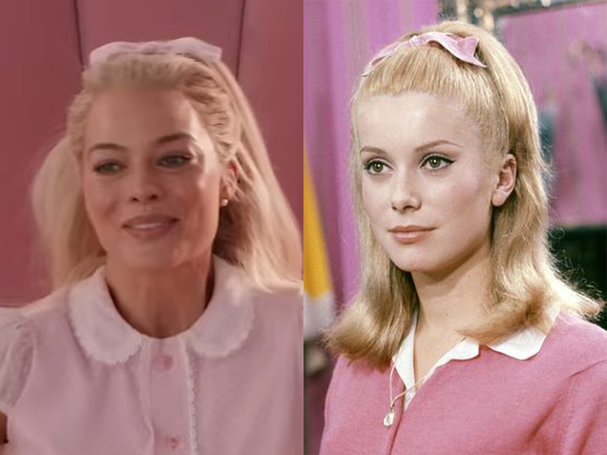 Left: Margot Robbie &#34;Barbie.&#34; Right: Catherine Deneuve in &#34;The Umbrellas of Cherbourg.&#34;