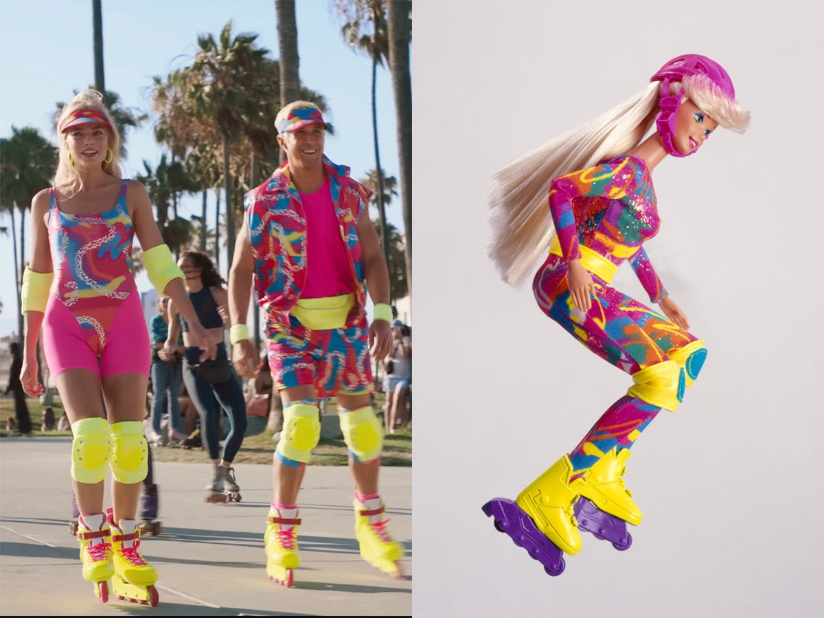 Left: Margot Robbie and Ryan Gosling in &#34;Barbie.&#34; Right: The 1994 Hot Skatin Barbie doll.