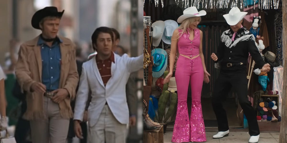 Left: Jon Voight and Dustin Hoffman in &#34;Midnight Cowboy.&#34; Right: Margot Robbie and Ryan Gosling in &#34;Barbie.&#34;