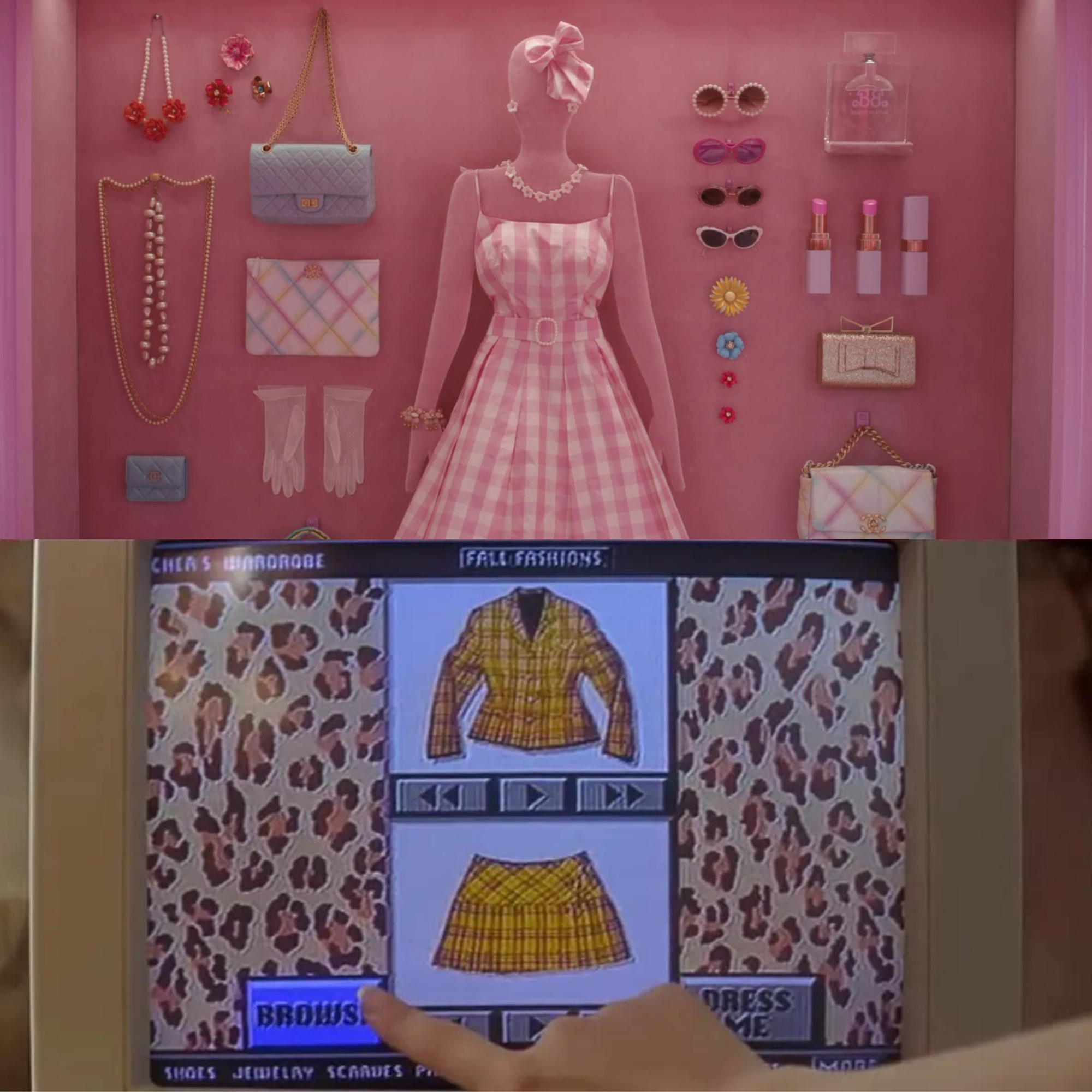top: barbie&#39;s closet in barbie, featuring a pink dress and laid out accessories; bottom: the virtual closet in clueless, showing a selection option for a skirt and jacket on a computer screen