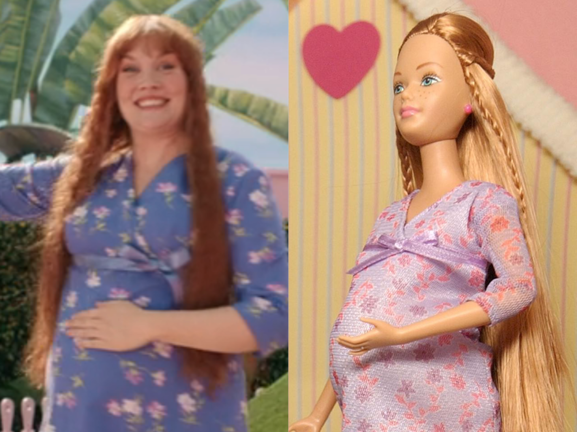 left: emerald fennell as midge, a pregnant woman with long red hair holding her hand on her stomach; right: midge the barbie doll, in similar clothes with the doll hand on her stomach