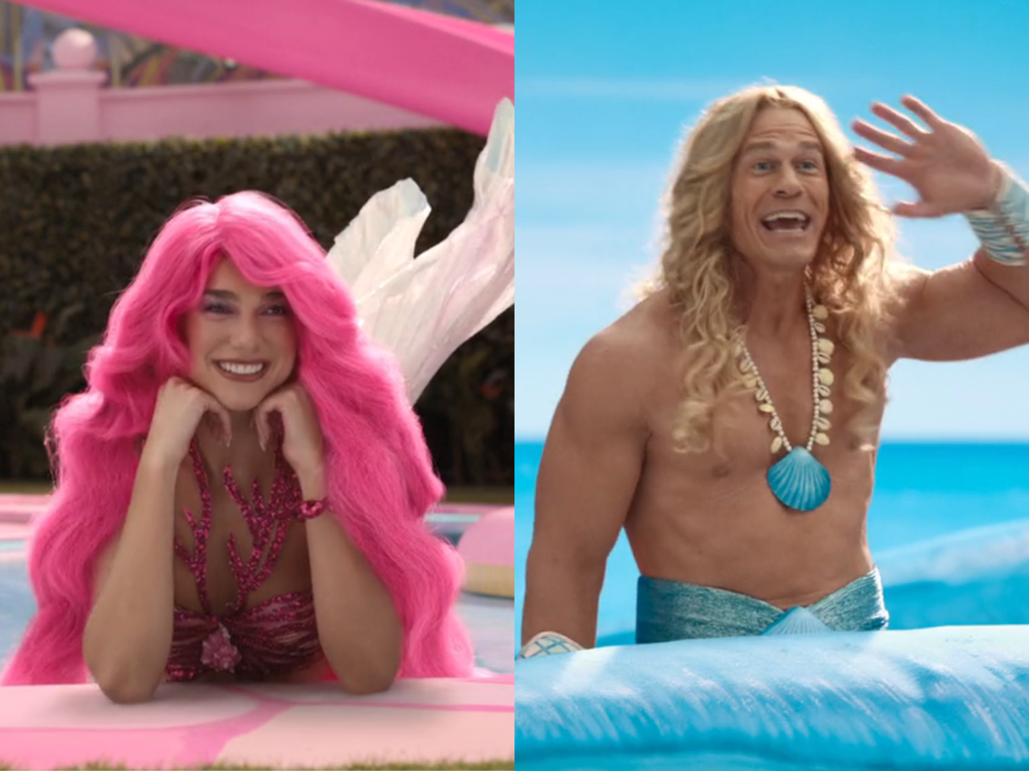 left: dua lipa in a long pink wig and mermaid tail, smiling and resting on the side of a pool; john cena as a mermaid ken, with long flowing blonde hair and a mermaid tail