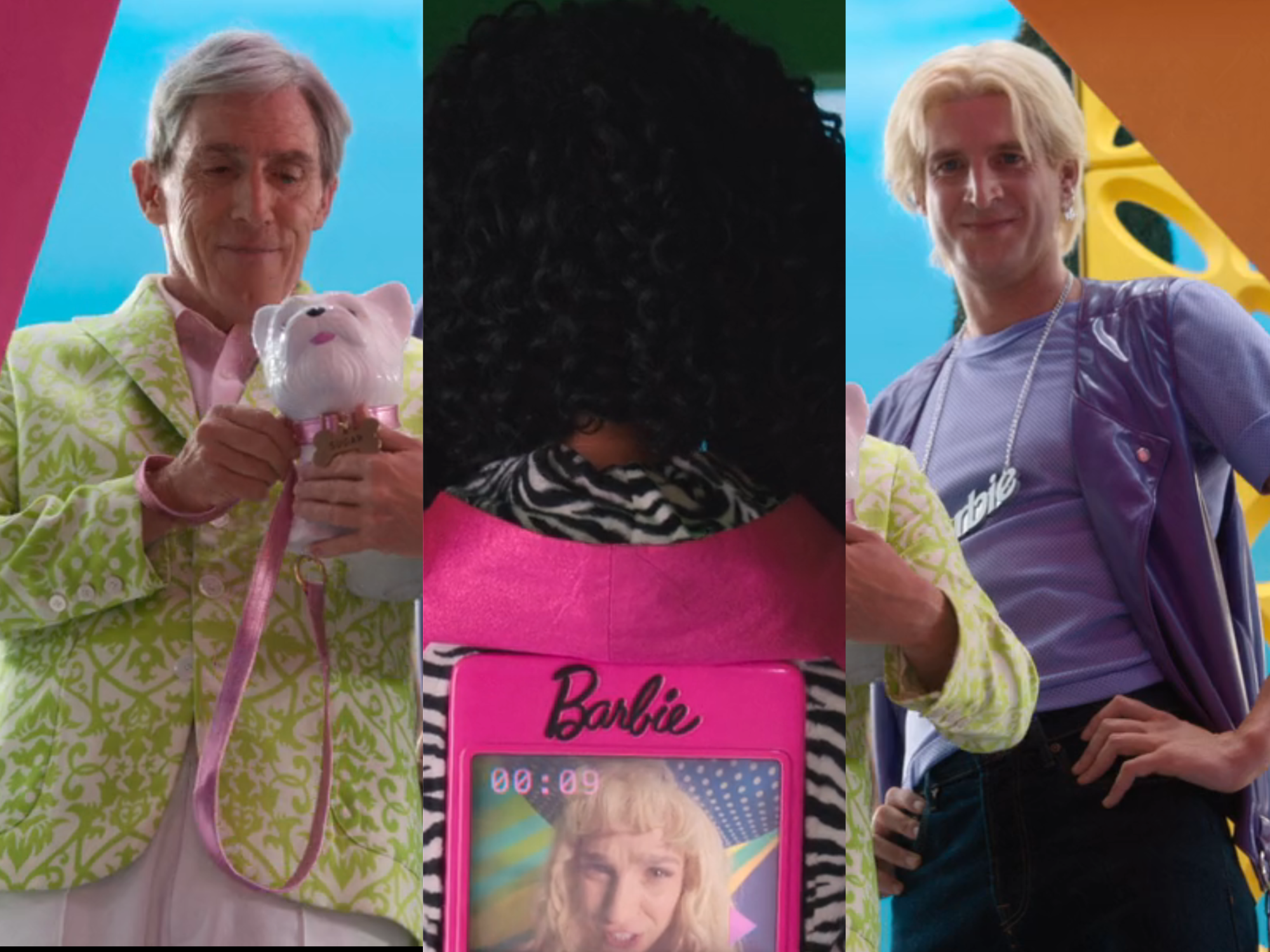 left: sugar daddy ken in a green suit holding a toy dog; center: video girl barbie from the bafck, with a video screen embedded in her back; right: earring magic ken, a guy with blonde hair and a vest