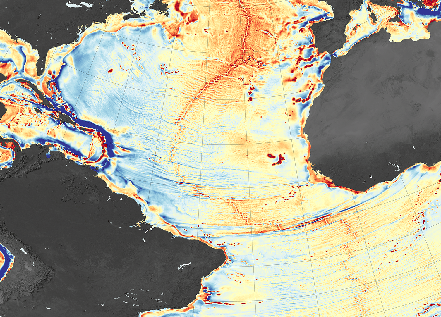 De Mid-Atlantische Rug in oranje op een kaart van NASA.
