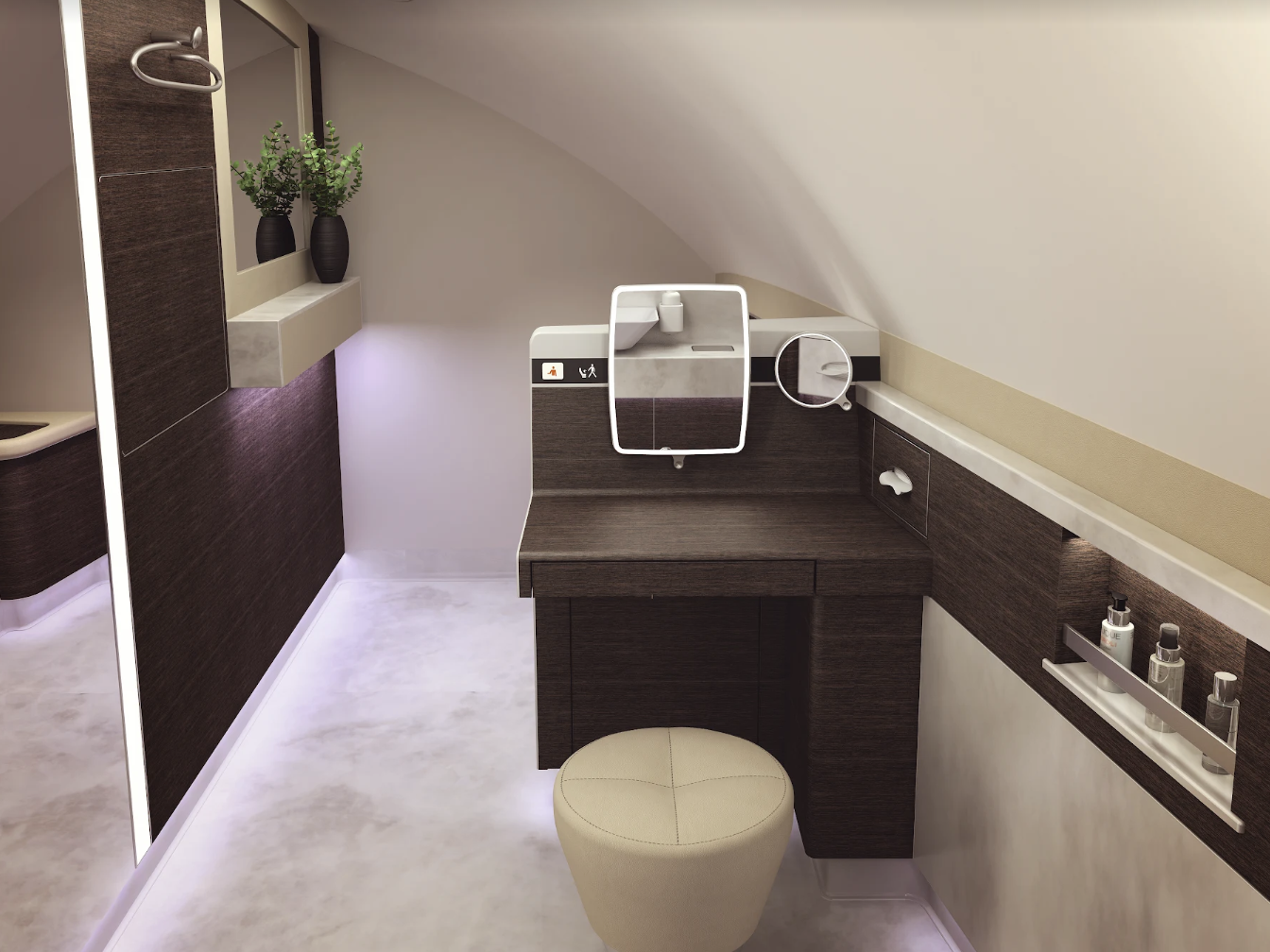 De eersteklas suite van Singapore heeft twee enorme toiletten, beide met een wastafel.
