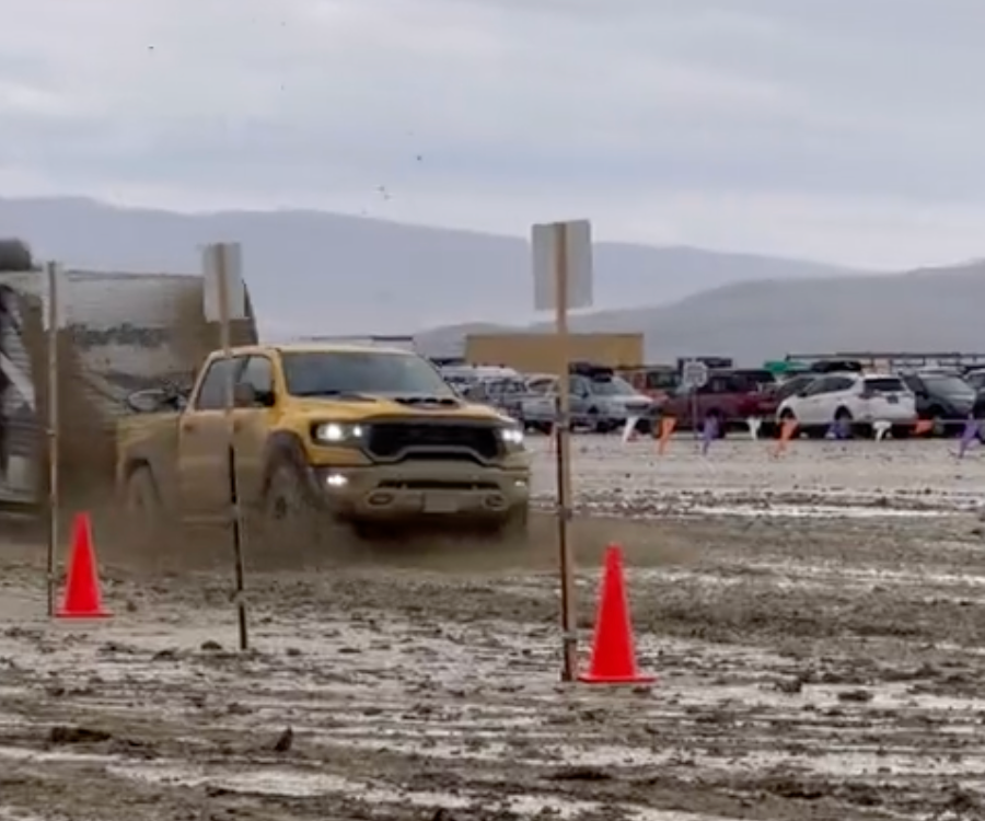 Video of a Ram truck flying through Burning Man's mud trap while