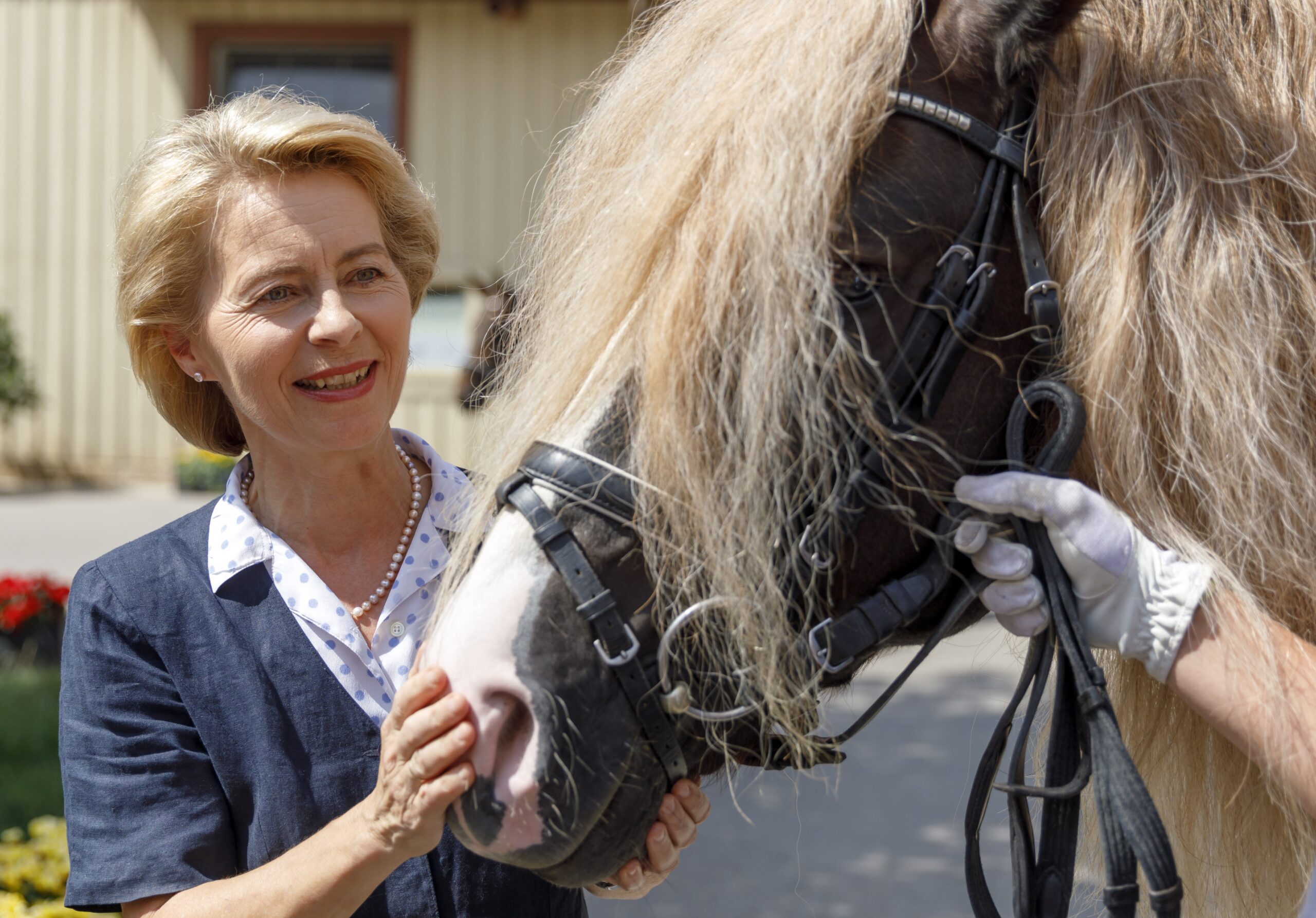 Voorzitter van de Europese Commissie Ursula von der Leyen op bezoek bij een stoeterij in Duitsland. Von der Leyens eigen pony Dolly werd in 2022 doodgebeten door een wolf. Foto: EPA/Ronald Wittek