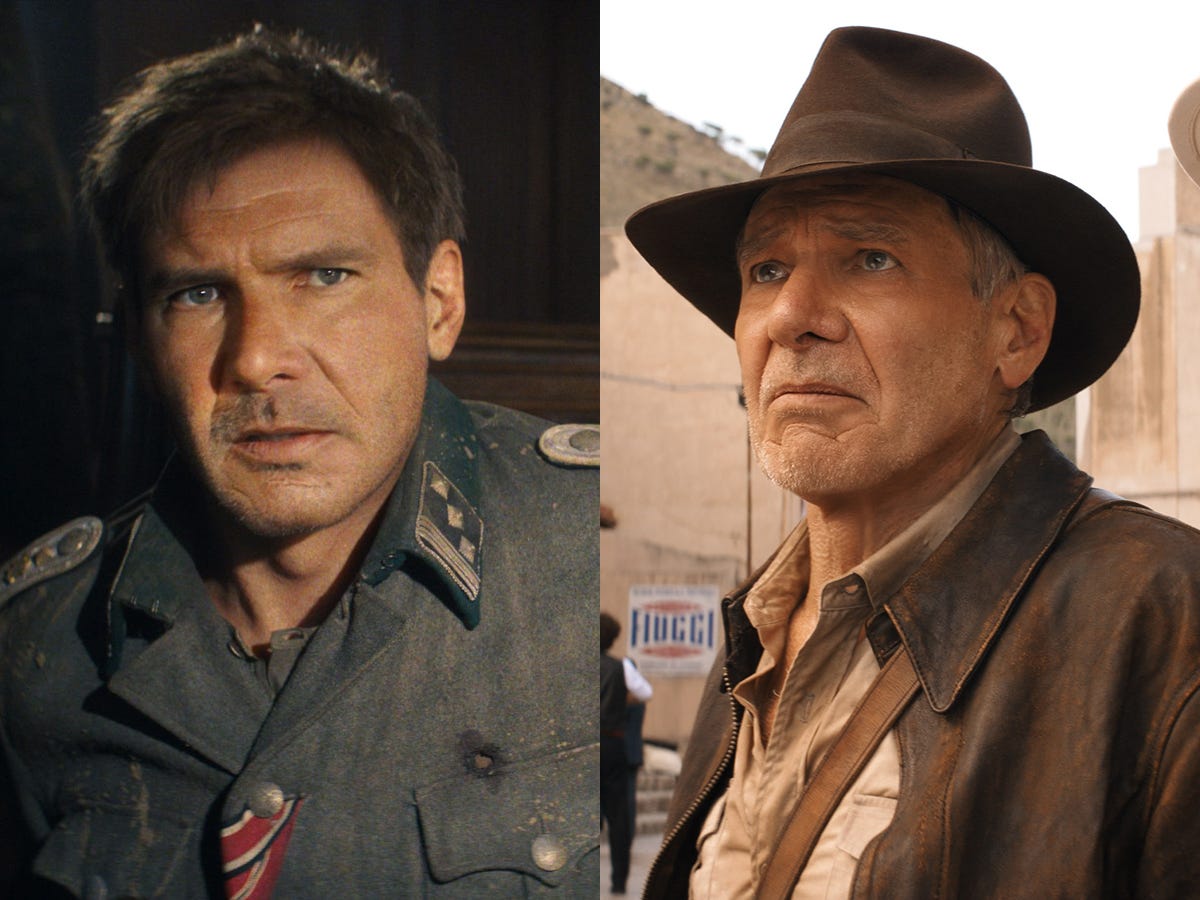 Harrison Ford in 'Indiana Jones and the Dial of Destiny', waarin hij links dankzij AI veel jonger oogt dan rechts