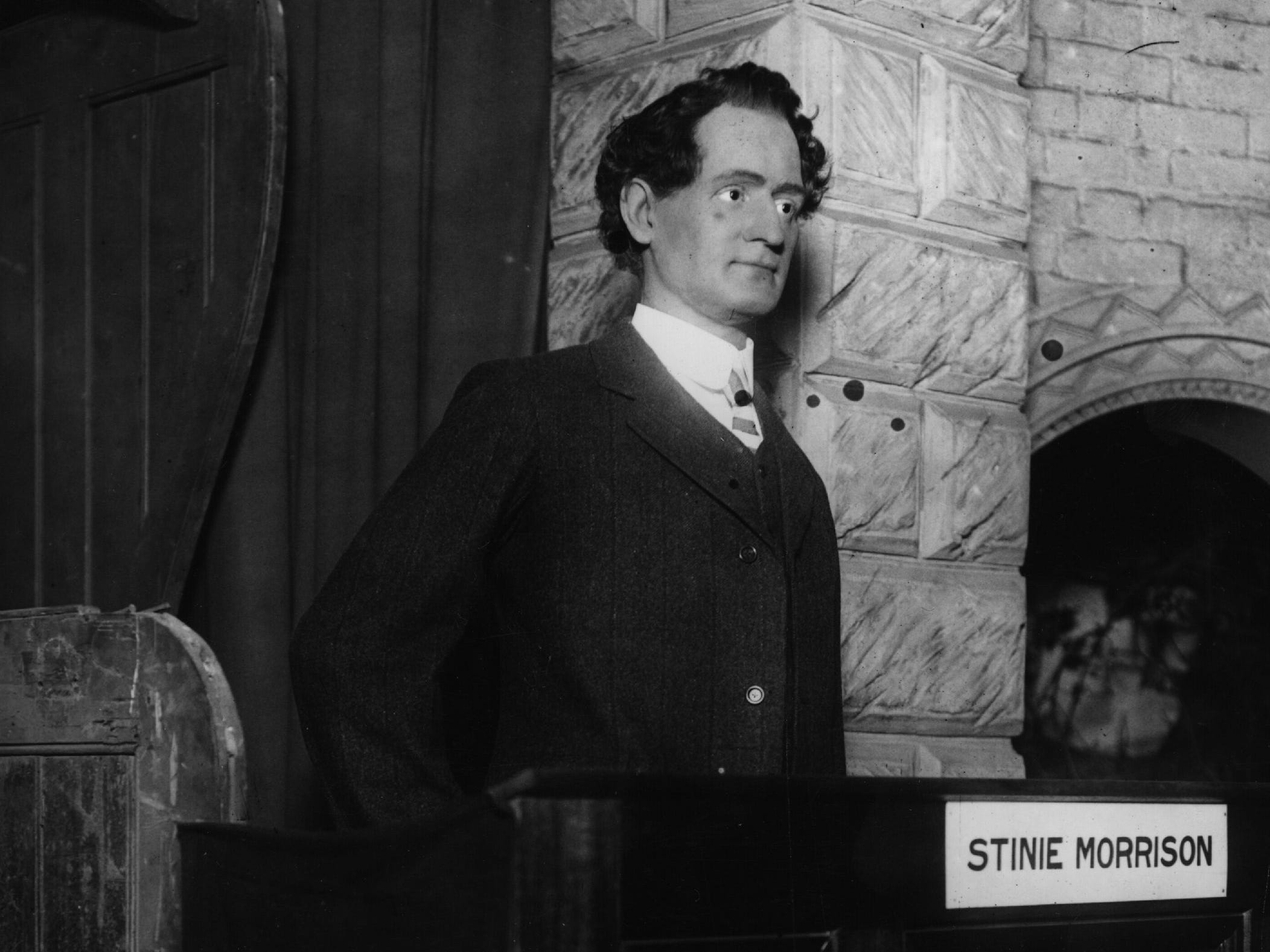 24th April 1911: A waxwork model of Steinie Morrison (or Stinie Morrison, or Morris Stein) in Madame Tussaud&#39;s Chamber of Horrors. Morrison was convicted for the murder of Leon Beron, whose body was found on Clapham Common with the letter &#39;S&#39; slashed on each side of his face. Morrison was later reprieved, but died from a hunger strike in Parkhurst Prison, still protesting his innocence.