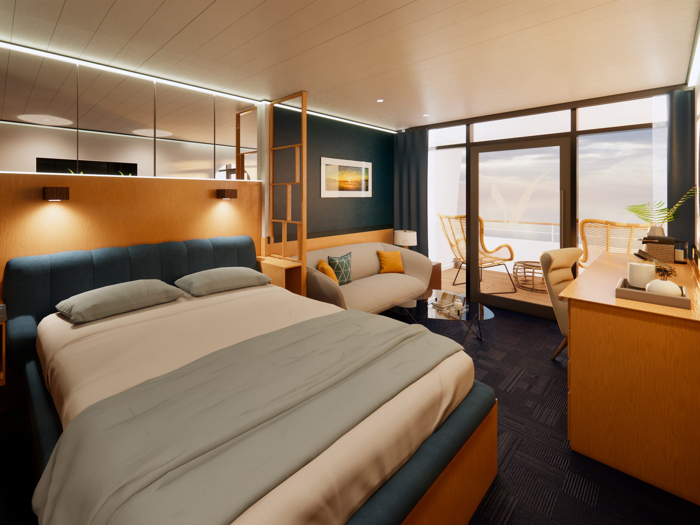 A rendering of a stateroom on Villa Vie's upcoming cruise ship