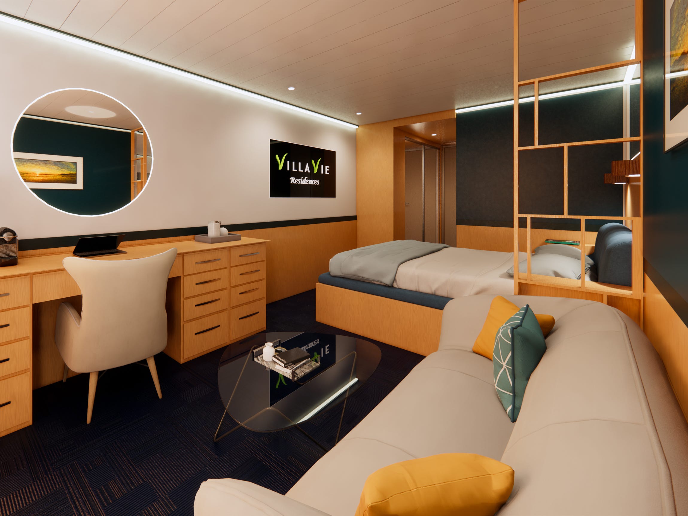 A rendering of a stateroom on Villa Vie's upcoming cruise ship with a bed, couch, tables