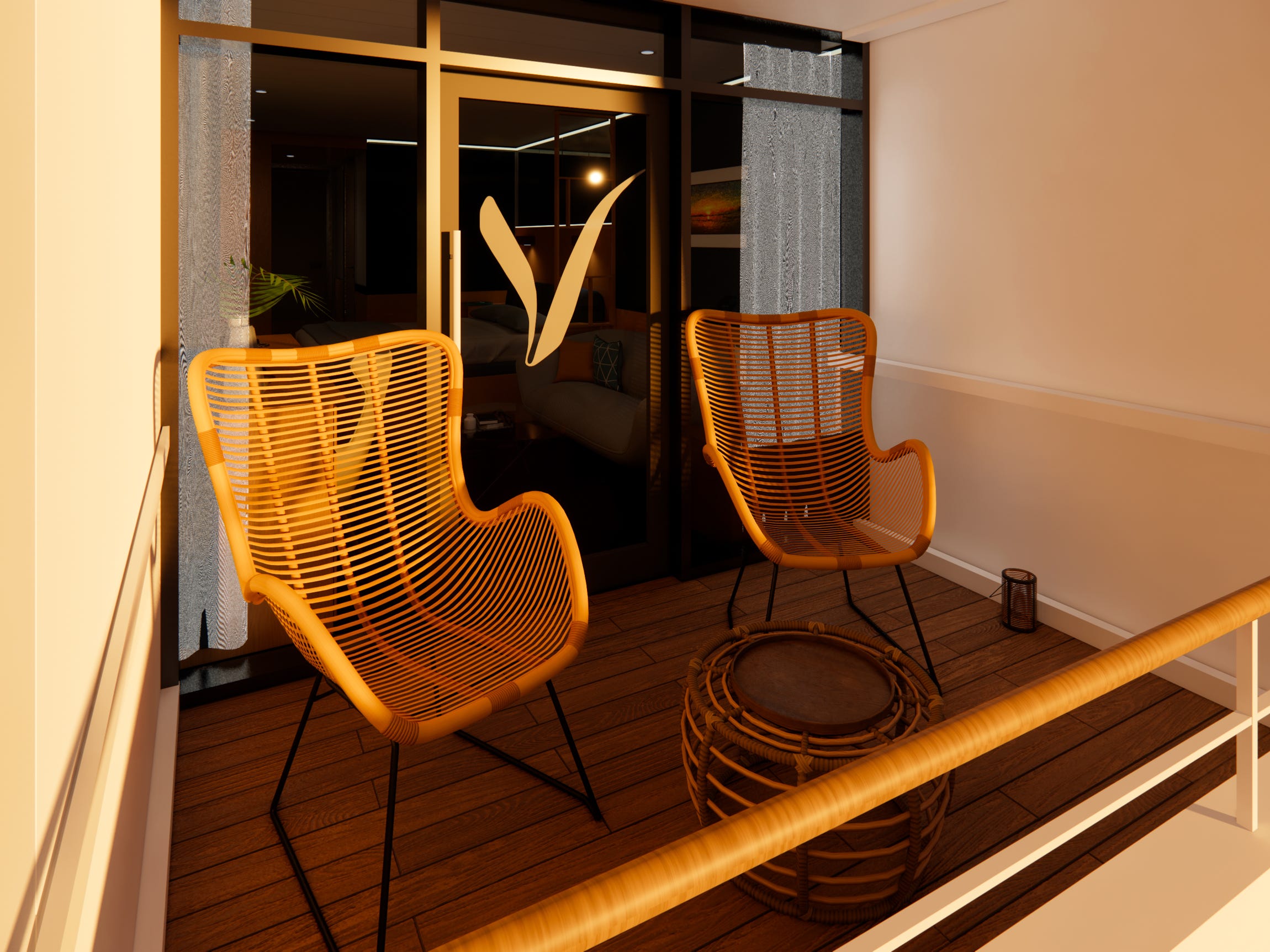 A rendering of a balcony with two chairs