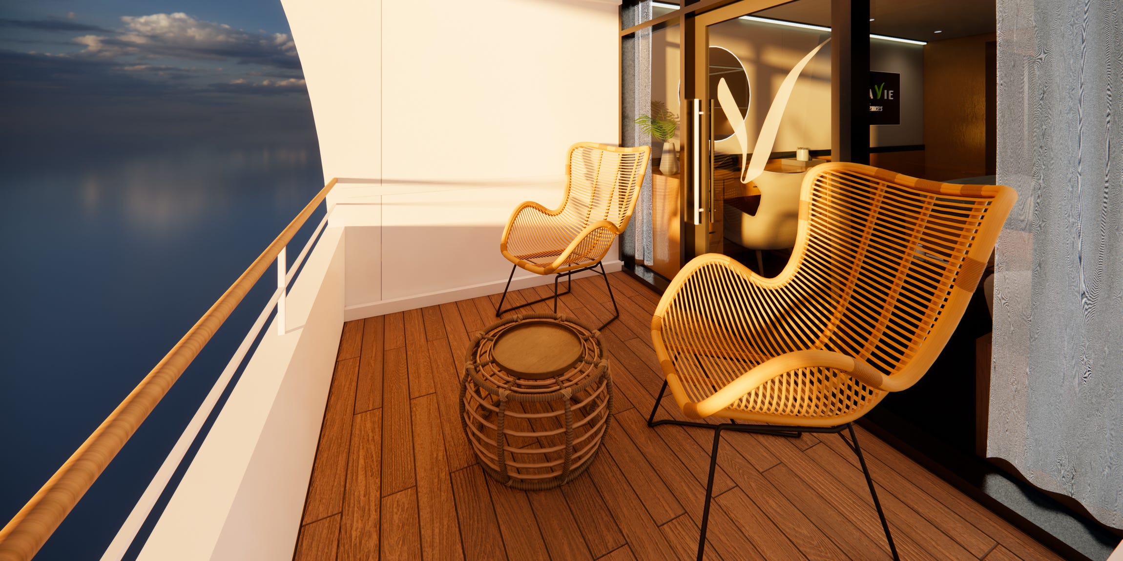 A balcony with two chairs on Villa Vie's ship