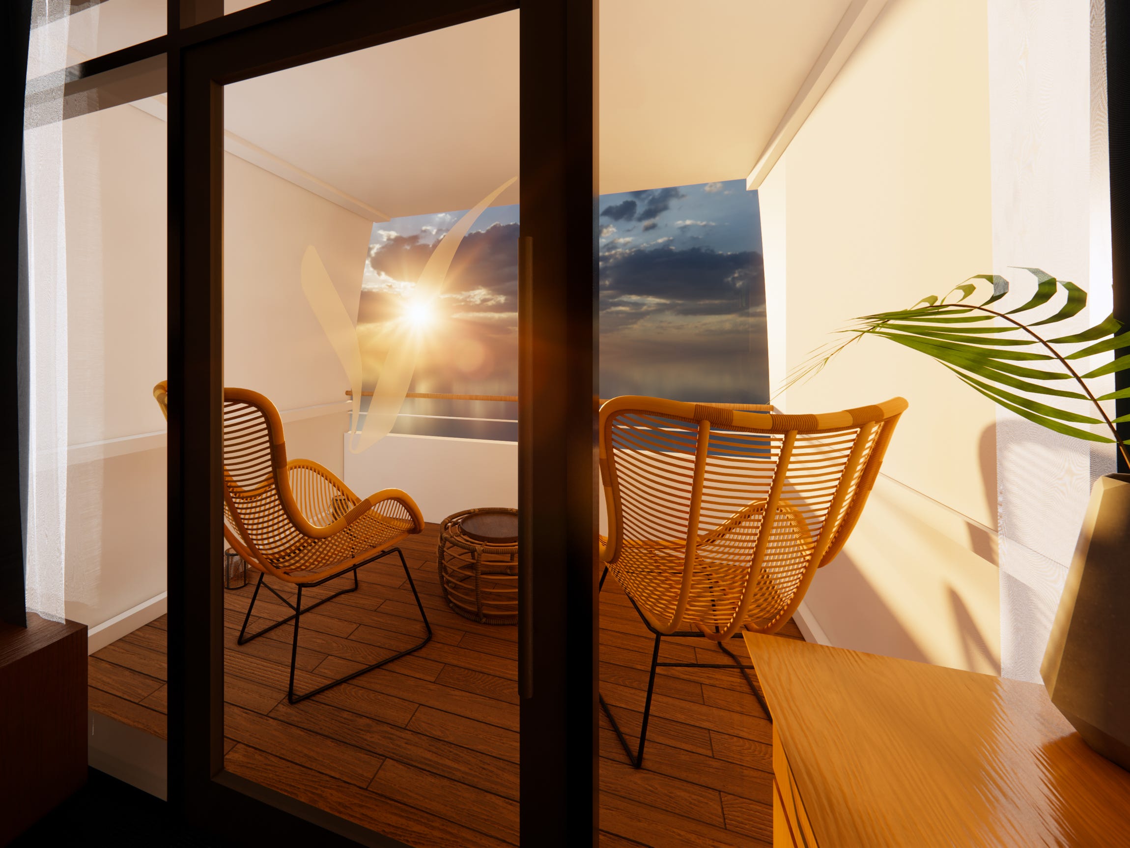 A rendering of a balcony overlooking the ocean
