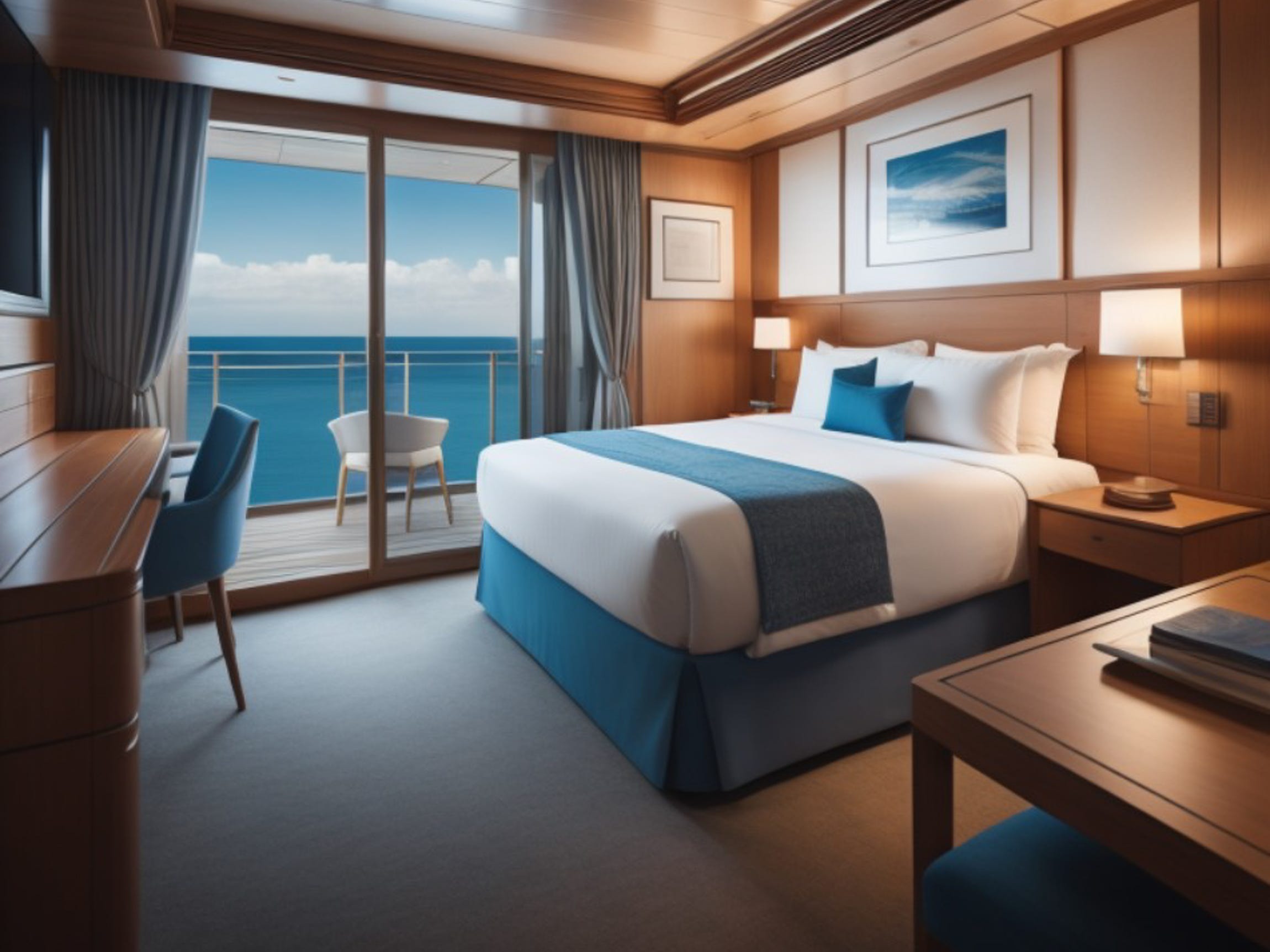 A balcony cabin rendering on Villa Vie's upcoming cruise ship