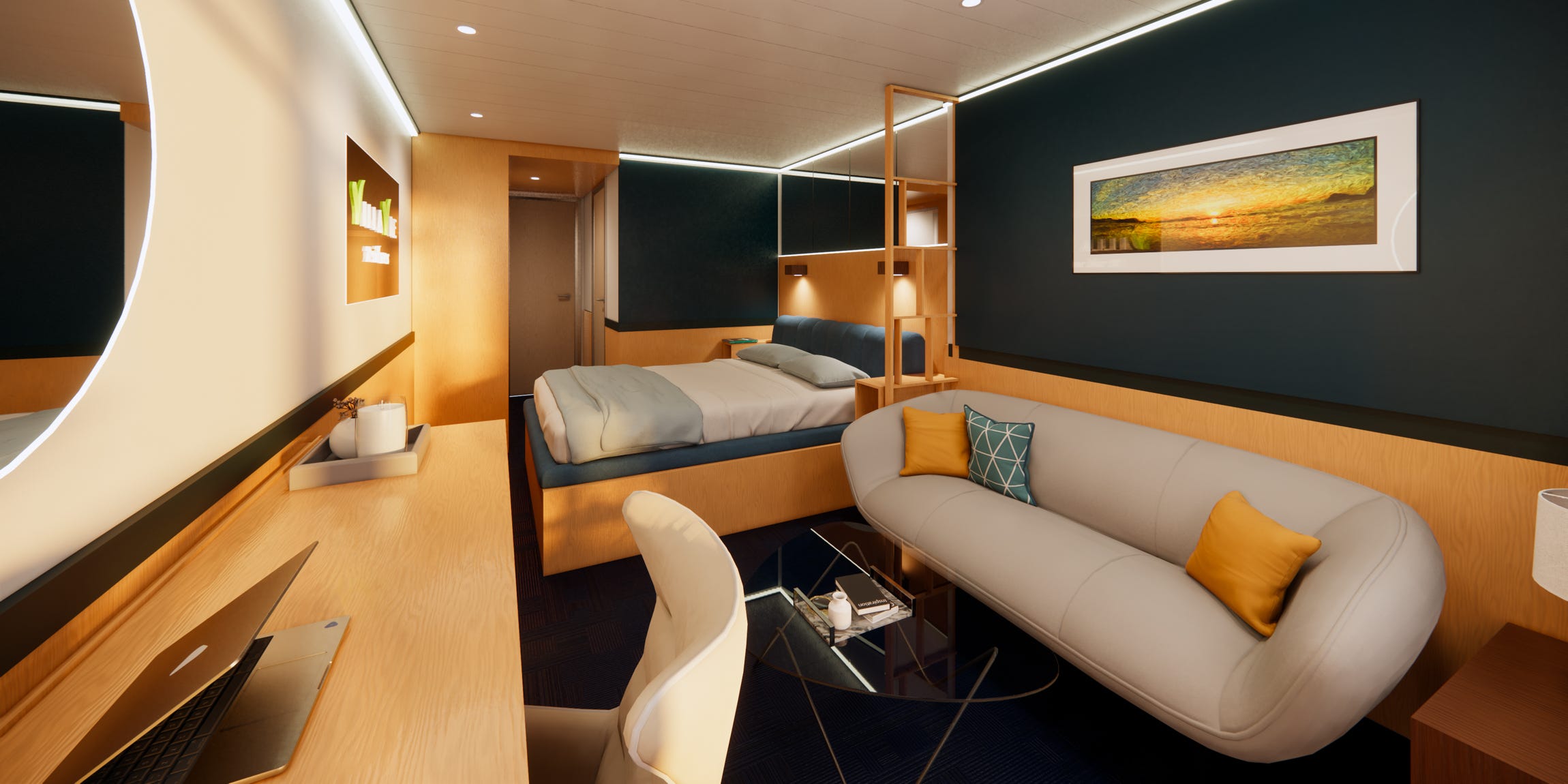 A rendering of a stateroom on Villa Vie's upcoming cruise ship with a bed, couch, tables 