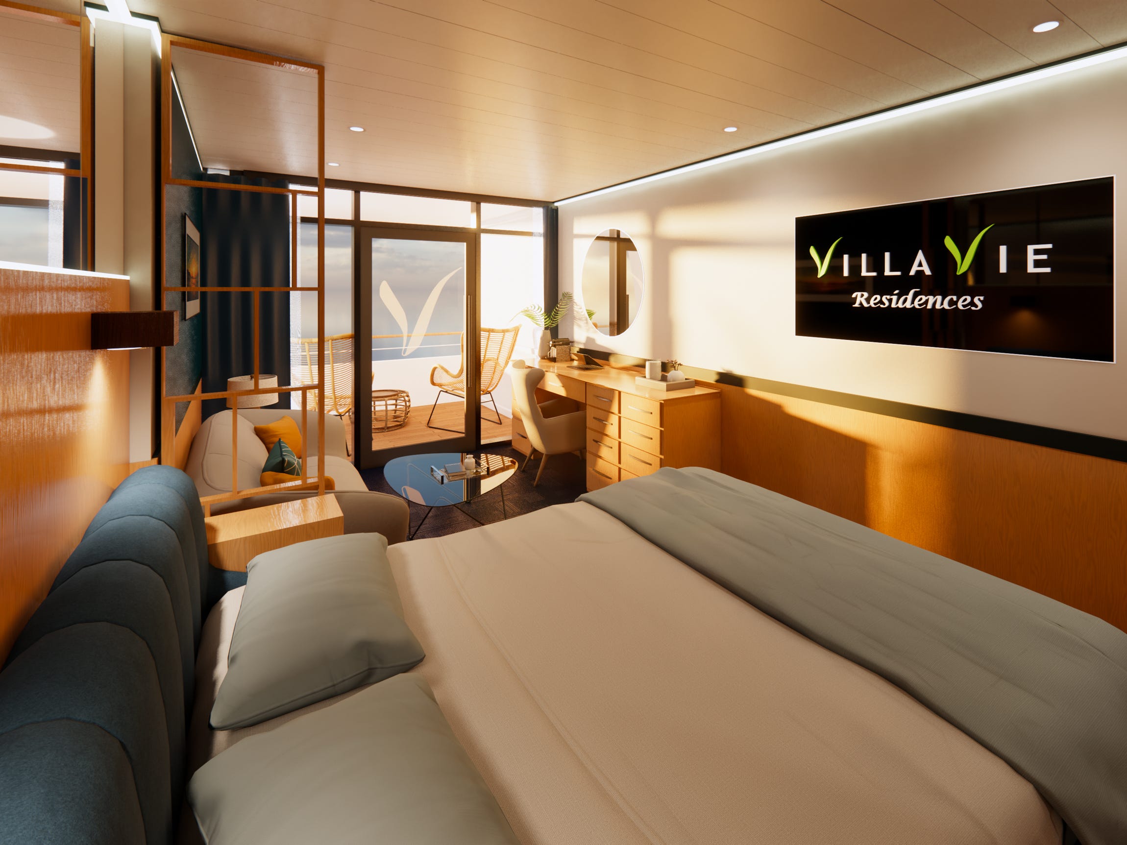 A balcony cabin rendering on Villa Vie's upcoming cruise ship 