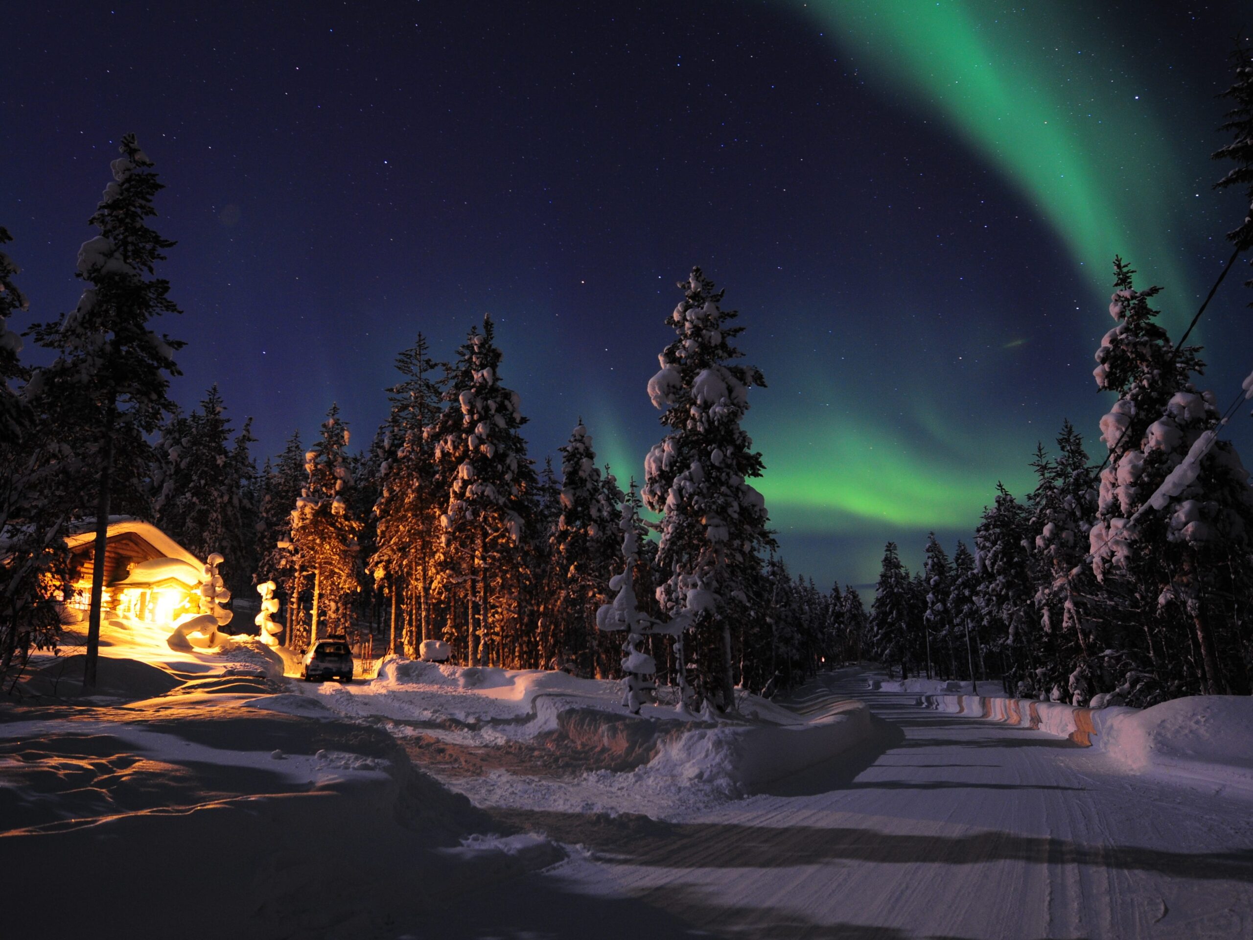 northern lights in the sky over a snow-covered forest in lapland finland