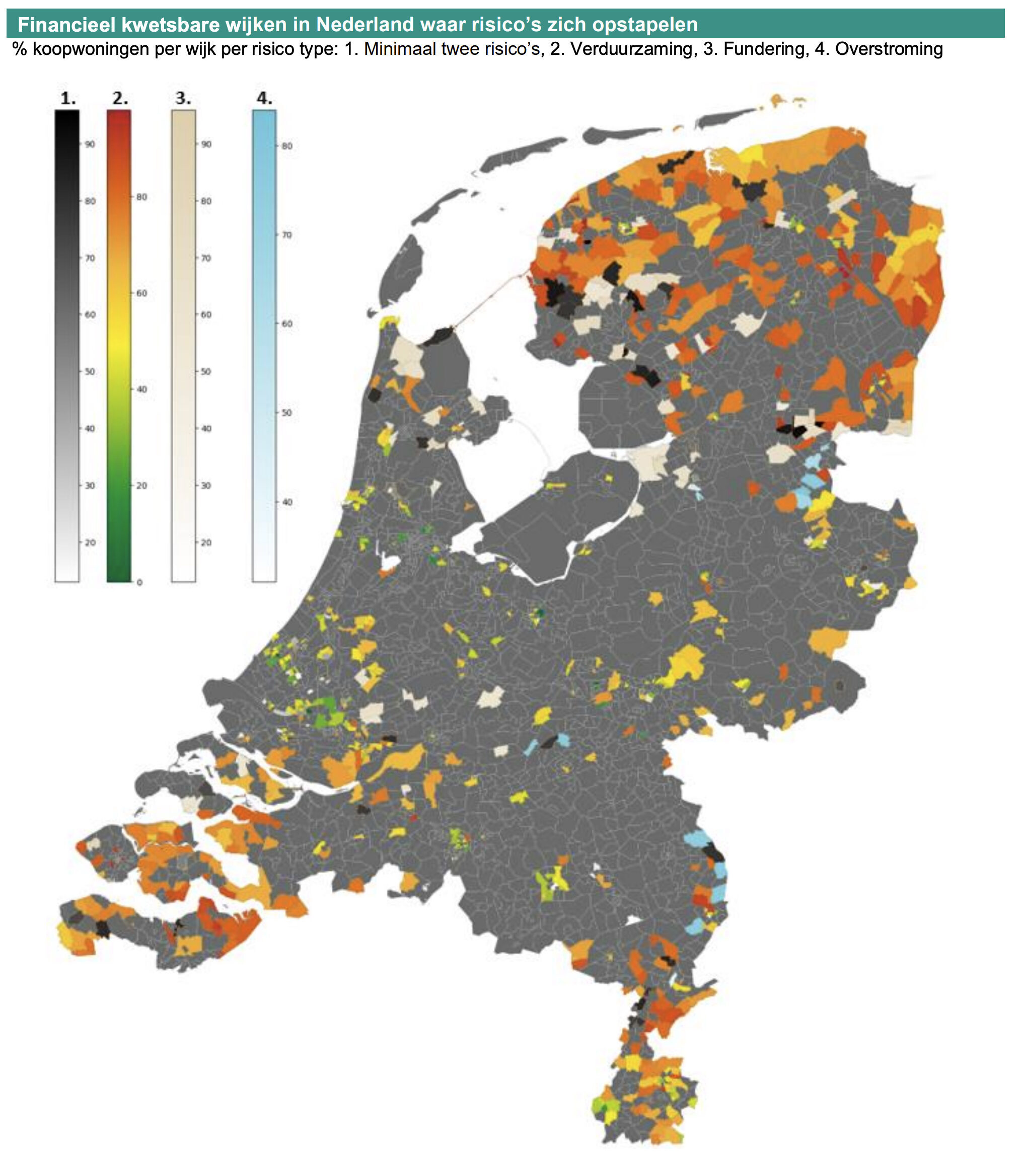 De klimaatkwetsbare wijken in Nederland. Bron: ABN AMRO 