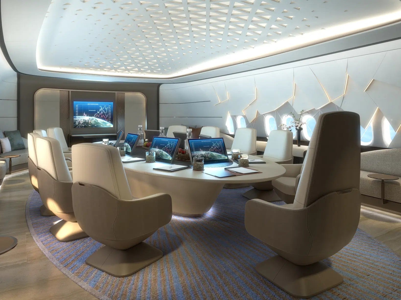 The "Conference&amp;Dining" room onboard the 777X with chairs surrouding the circle table.