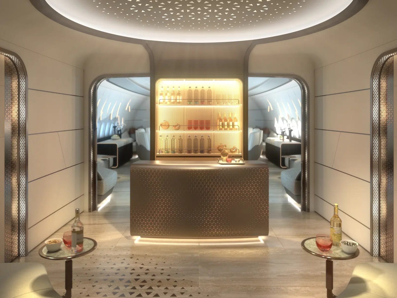 The entrace to the jet with a bar and couches.