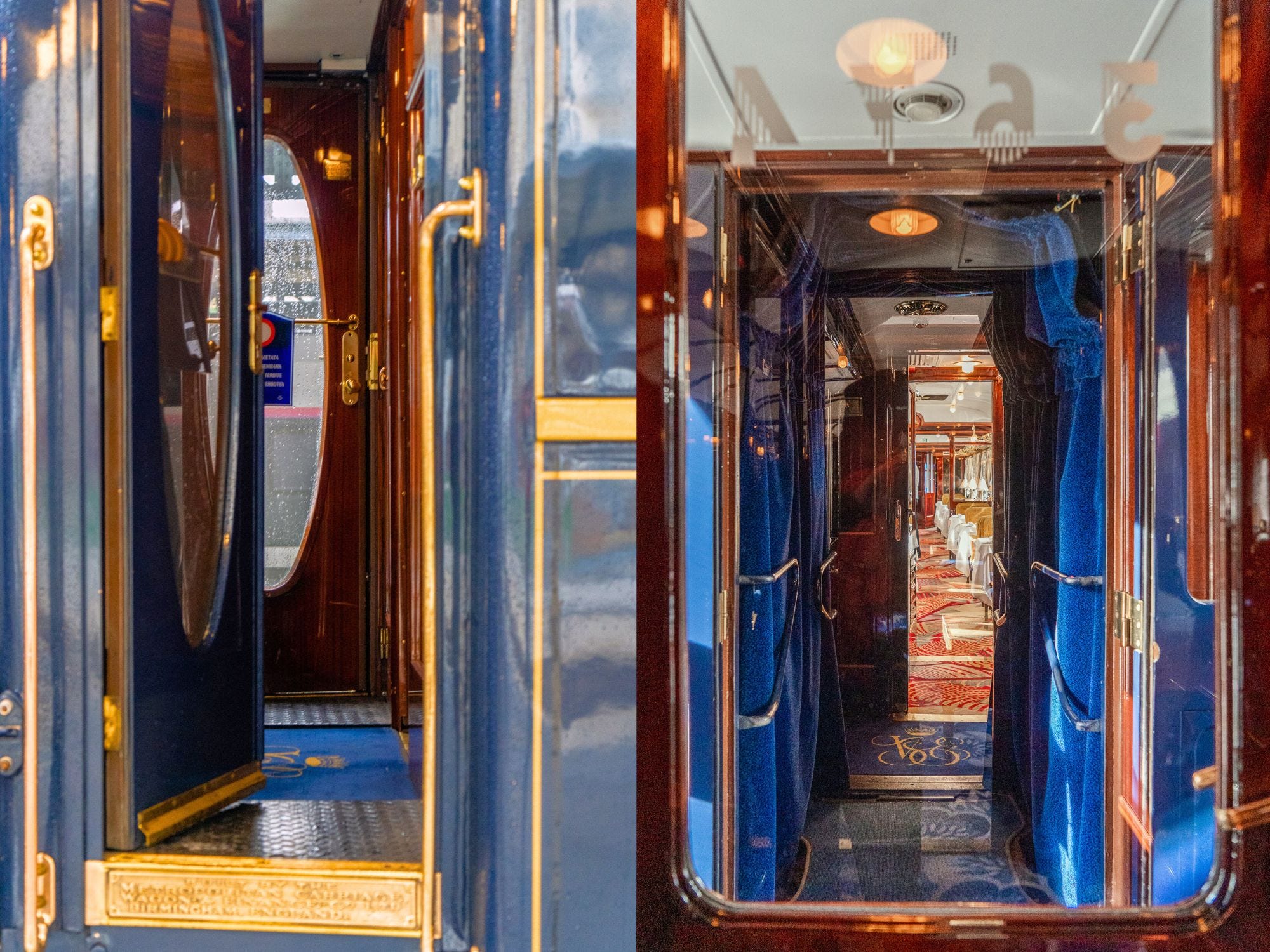 Left: An open door to a nave blu train. Right: : A wooden, windowed door to a room with blue carpets and seats.
