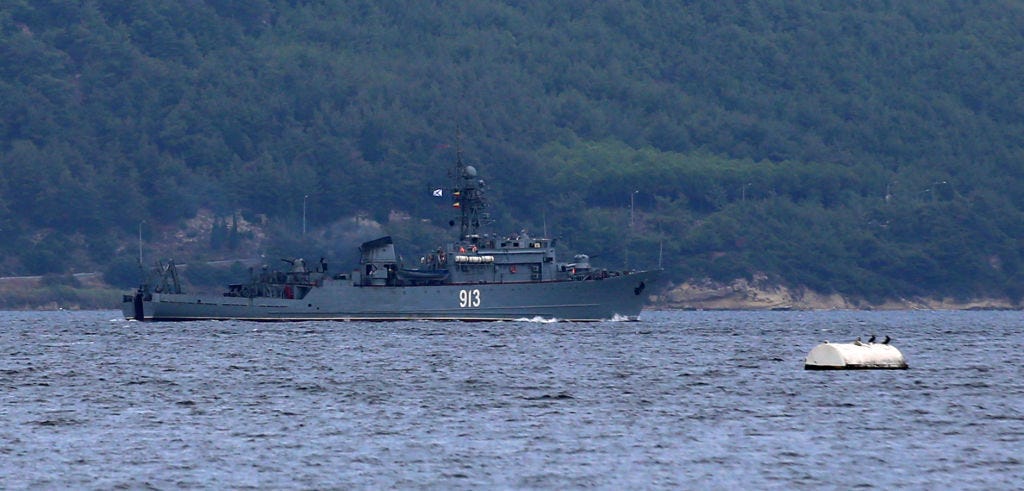 Russian military ship Kovrovets sails near the coast
