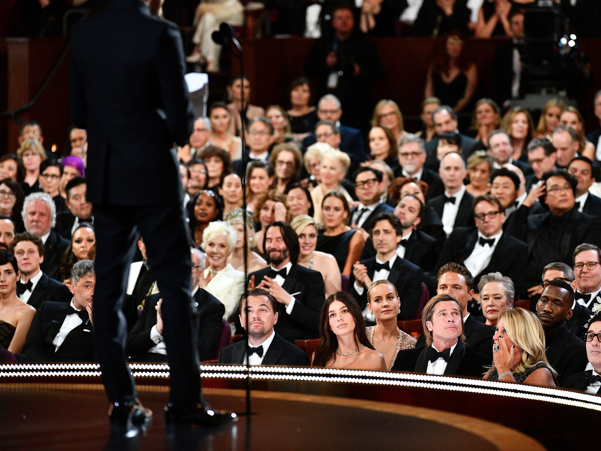 FEBRUARY 09: In this handout photo provided by A.M.P.A.S. Leonardo DiCaprio, Brie Larson, Brad Pitt, Kathy Bates and Mahershala Ali sit in the audience during the 92nd Annual Academy Awards at the Dolby Theatre on February 09, 2020 in Hollywood, California.